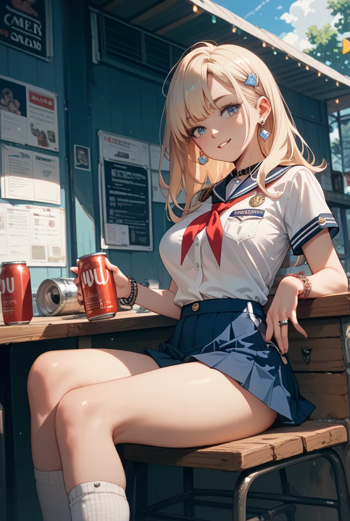 top-quality、realistic touch,high-detail、photoRealstic、thin-waist、captive beauty、big eye、solid platinum-blonde eyelashes、platinum-blonde、full body Esbian、Sparkling eyes, cheeks flushed、thin-waist、In the classroom of the school、She is in estrus、a sailor suit、cocky expression、Super short skirt with V-line visible、Sleeveless、Navel look、small tits、Ponytail hair style、a sailor suit that is extremely short in length、Colossal tits、big butts、Angle from below、Big breasts visible between uniform and stomach、sexy pose、see-through garments