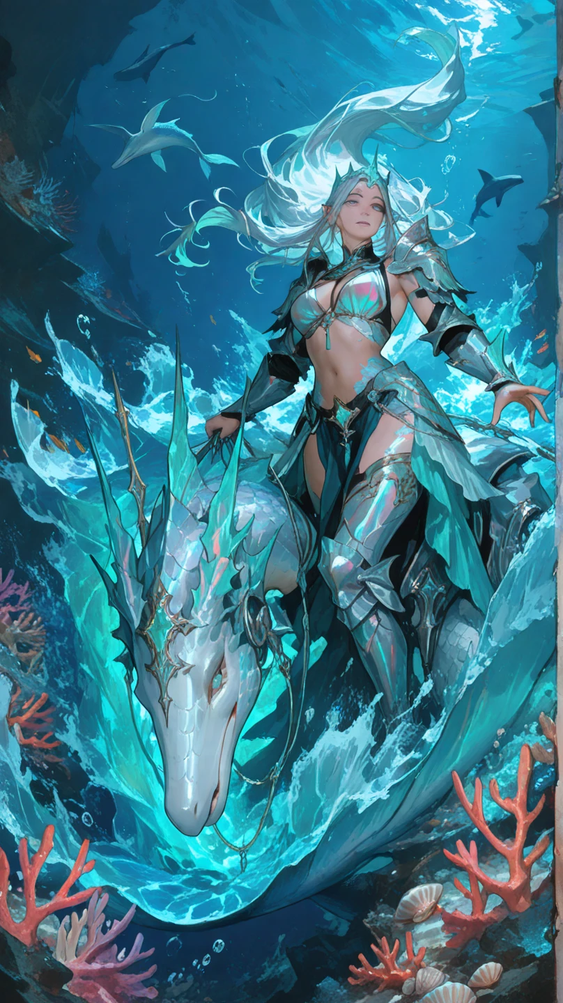 , a wide angle picture of a female human druid swimming along her pet shark, priest of underwater nature, cleric of underwater nature, art full body, ((anatomically correct)), dynamic position (intricate details, Masterpiece, best quality: 1.5) talking to a shark (intricate details, Masterpiece, best quality: 1.5) under the sea (intricate details, Masterpiece, best quality: 1.5), a human woman wearing scale armor ((intricate details, Masterpiece, best quality: 1.4) leather boots, armed with a sword, GLOWING WEAPON, thick hair, long hair, pink hair, tan skin intense brown eyes, undersea background (intense details), night undersea( (intricate details, Masterpiece, best quality: 1.5)high details, best quality, 16k, RAW, (ultra detailed: 1.5), masterpiece, best quality, (extremely detailed), dynamic angle, ultra wide shot, RAW, photorealistic, fantasy art, rpg art, realistic ), dynamic angle, (intricate details, Masterpiece, best quality: 1.5)), high details, best quality, highres, ultra wide angle, Wielding sword, chumbasket art style