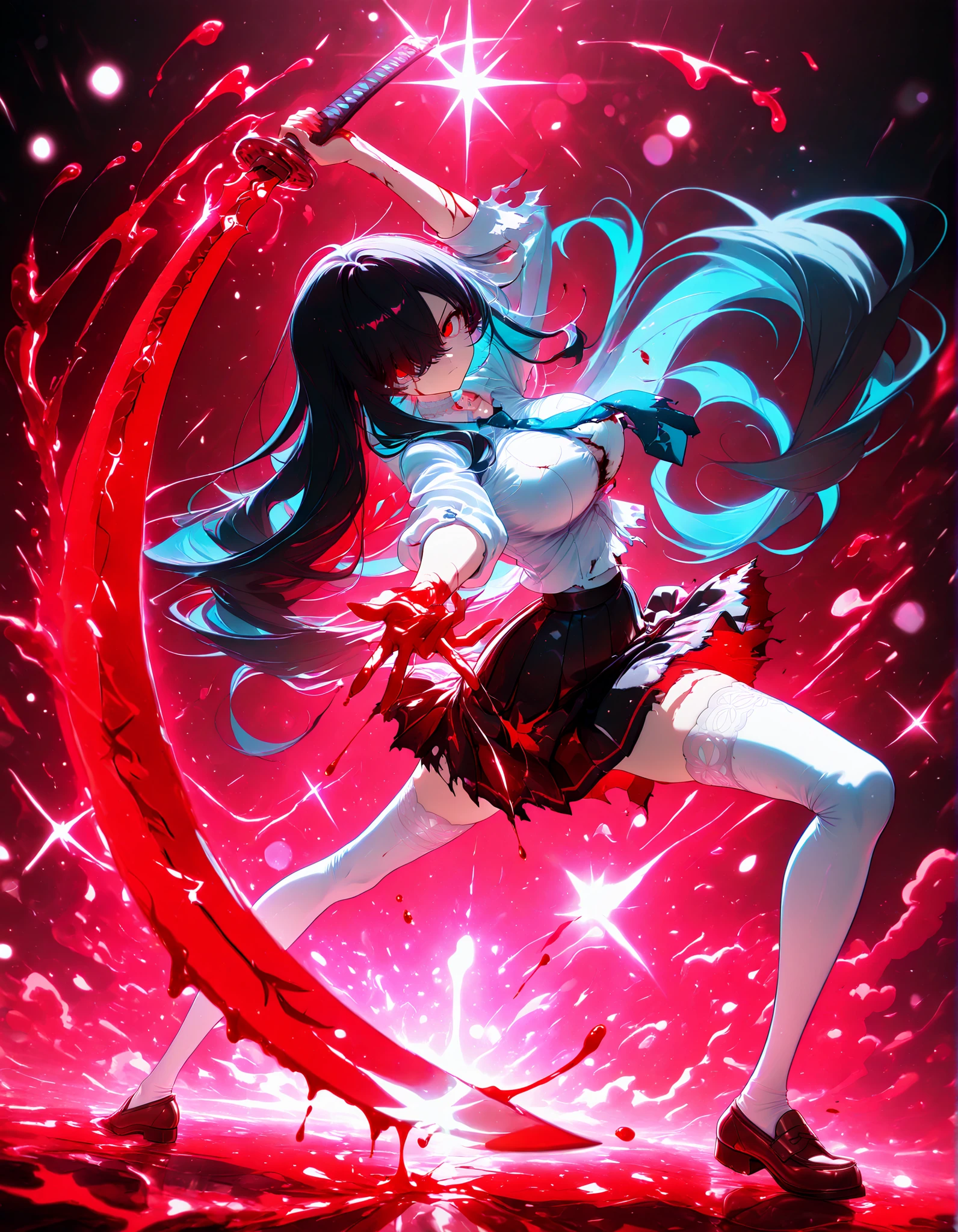 neon art, neon lineart, colorful neon lineart, neon silhouette, silhouette, neon colors, glowing, glow effect, bright outlines, vibrant colors, high contrast, dark background, digital art, extreme perspective、upside-down, backflip、Whole body expression, 1girl, Kuroki Monika, black hair, very long hair, hair over right eye, red eyes, large breasts, (petite but curvy, very cute),
, white lace choker, school uniform, neon trims, white shirt, marine blue necktie, marine skirt, intricate white thighhighs, brown loafers, torn clothes, scratch, solo, glowing eyes, looking at viewer, dynamic shot, dynamic view, dynamic pose, holding katana, crouching, foreshortening, bokeh, glittering, sparkling, blood splash, bloody, blood, red theme, (((black background)))