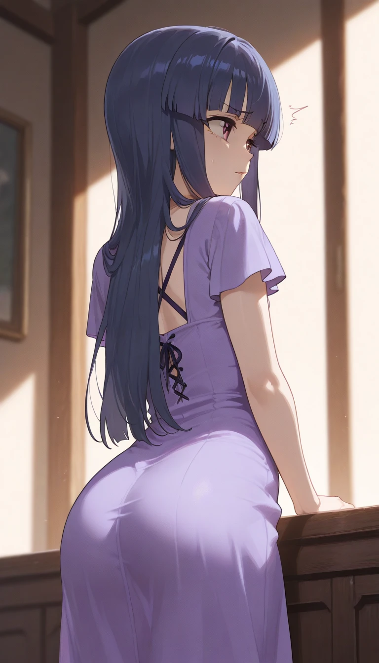 modelshoot style, (masterpiece:1.3), (absurdres:1.3), (best quality:1.3), (8K), (large masterpiece digital art), (detailed manga illustration), (handled hair), perfect anatomy, (intricate details:1.3), (ultra-detailed:1.3), (illustration:1.3), (sharp focus:1.3), (vivid colors:1.3), (1girl), (solo), Vermeil, kinsou no vermeil, (short hair:1), hair between eyes, multicolored hair, (two-tone hair, pink hair, black hair), purple eyes, leaning forward viewer, pov, thighs, sitting,  virgin killer sweater, purple sweater, backless outfit, indoors, wooden floor, heart_cleavage_cutout
