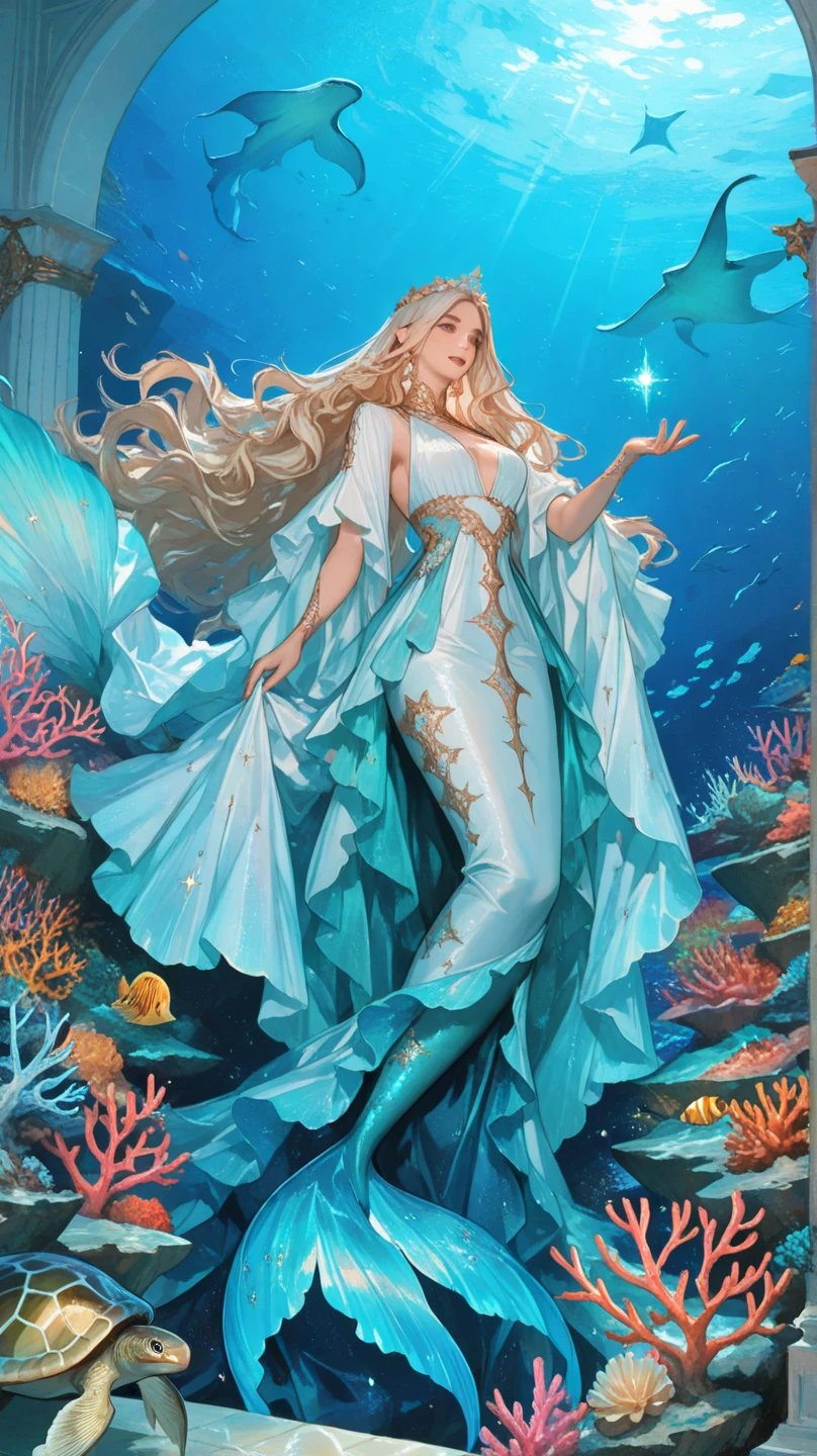 Realstic, masterpiece, best quality, illustration, Super detailed, fine details, high resolution, 8k wallpaper, With incredible detail, textures and maximum detail), golden hair like rays of the sun (whole body view:1.6), (hyper realistic:1.4), (Realistic:1.3), (Partistrye superior do corpo para cima:0.4), (Many treasures of gold and silver are sunk around: 1.8), (best quality real texture skin), (((Mermaid water woman))), (deepsea:1.5), (Dark sea at night:1.6), (finely detailed true circle Symmetrical eyes), finerly detailed face, ((medieval world)), (whole body view:1.6), ((mermaid)), ((Mermaid princess)), ((nobreza mermaid)), (Burn the bright icy look in the eyes), (She has a mischievous smile on her face), (Sunken ship with treasure:1.4), A sunken temple in a coral reef, ancient sunken city, Sunken temple, Great sunken cathedral, Ruins of sunken temple, Sunken detached temple, Sunken ruins of an ancient castle, Majestic bright water and light, recife de coral, (Eyes that glow blue in the dark:1.5), (A pair of ice blue eyes with strong blue light emitting from within:1.5), (Bio-luminescence:1.5), (whole body view:1.6), (Spinning water current and tidal current at the bottom), (dramatic light), (A majestic sight), (His countenance is gentle and handsome), Glass earrings in the ears, (dramatic photo:1.4), ((dramatic pose)), (extravagant photo) ((looks up)), ((looking to the down)), (Around her neck is a simple necklace of exquisite finish), (Bioluminescence with bright brightness:1.3), (Use Hydro's flashy magic:1.2), (Beautiful fish in the surroundings), (Luminous magic circle:1.5), (whole body view:1.6), epic realistic, sunfaded, artistry, (Greg Rutkowski:0.8), (teal and orange:0.4), (Artee station:1.5), cinemactic, ((Neutral Colors)), (HDR:1.5), (Muted colours:1.2), hyper detailled, dramatic light, (details Intricate:1.1), complex background, information ,seducive skin