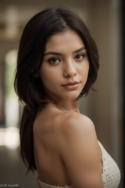 Cute model wearing white lingerie, seductive expression, black hair cascading down characteristically, 19 years old, innocent face, high-res, masterpiece, best quality, intricate details, highly detailed, sharp focus, detailed skin, realistic skin texture, texture, detailed eyes, professional, 4k, captivating gaze, filmed with Canon, 85 mm, shallow depth of field, Kodak Vision color, perfectly fitted lingerie, ultra-detailed, ultra-realistic, photorealistic, photography, 8k UHD, photography.