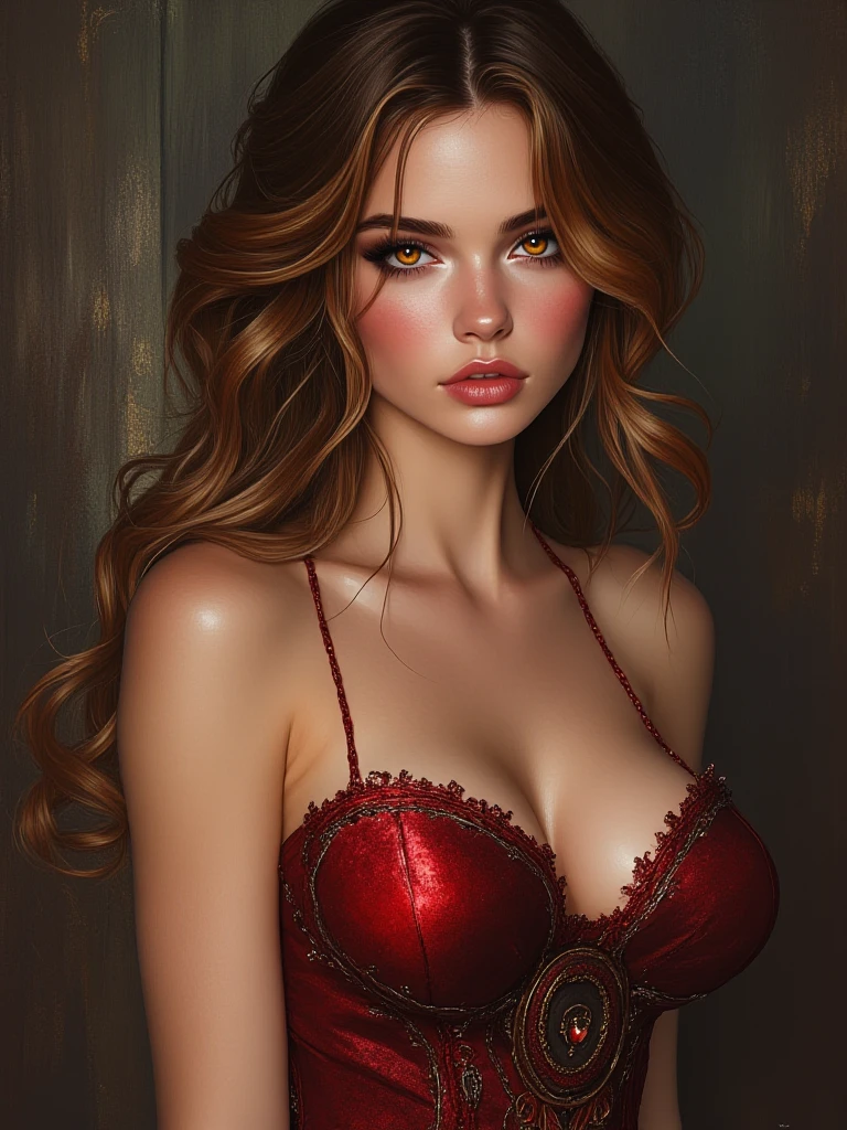 une femme de 25 ans, rousse, soubrette, very detailed, red lace bra, red lace string, porte jarretelle, sexy, bondage avec des rubans de soie, cire fondue sur la peau, in a dark room, neon lighting, chambre luxueuse, lit en velour