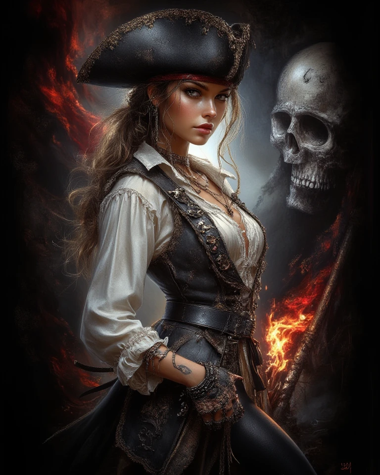 a portrait of a woman vampire pirate holding a (( bloody sword: 1.5)) on a pirate ship ready for battle, ((full body: 1.5)), ((anatomically correct: 1.5)), (ultra detailed face: 1.2), looking tense, looking dangerous, dynamic eye color, glowing eyes, dynamic hair color, dynamic hair style dynamic skin complexion, wearing 18th century white button shirt, with ((stains of blood: 1.3)), busty , wearing wearing high heeled boots, it is night time at sea, moon is high, some clouds,18th century pirate ship background, vibrant, Ultra-high resolution, High Contrast, (masterpiece:1.5), highest quality, Best aesthetics), best details, best quality, highres, 16k, (ultra detailed: 1.5), masterpiece, best quality, (extremely detailed) RAW, (ultra details, Masterpiece, best quality), Hyperrealism style, holding sword, Intense gaze, holding sword rapier, vampire teeth, BloodSoakedAI, holding sword, Dark Art Painting Style