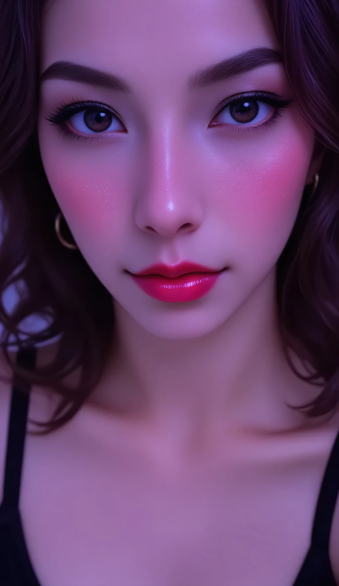 80’s glam rock makeup on shiny android face, anime, 2.5D, Glittery face, moody lighting, (purples, pinks, and blues), iridescent face, abstract ai model, pretty, sexy, minimal, sleek, slender, asian, elegant, chic, futuristic, retro, sophisticated half human half machine, close up face portrait, 
