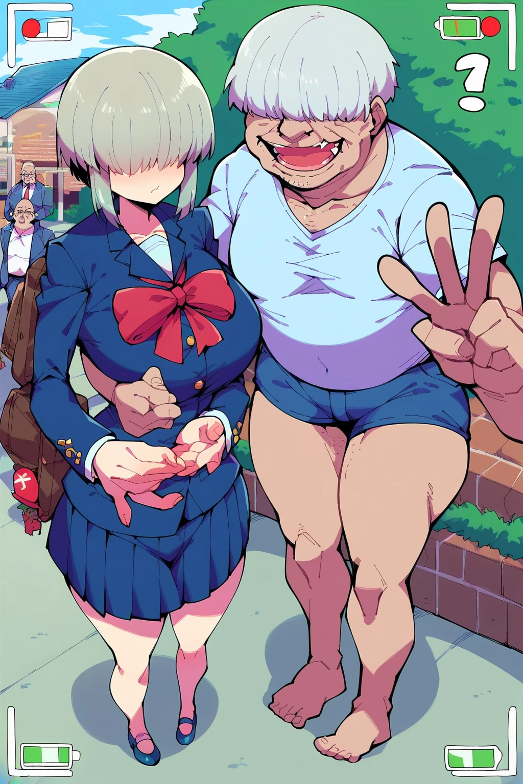 score_9, score_8_up, score_7_up, source_anime, 1boy, 1girl,  looking at viewer, princess carry, BREAK <lora:Ziggy-pdxl_Fp:0.8>, ziggy, yellow eyes, shaded face, faceless, no mouth, wizard hat, striped pants, blue cloak, robe, brown gloves, long sleeves, BREAK <lora:purah-pdxl-nvwls-v1:1>, purah, hair ornament, red headband, red glasses, sleeveless shirt, white coat, black skirt, red leggings, high heels, smug, middle finger,