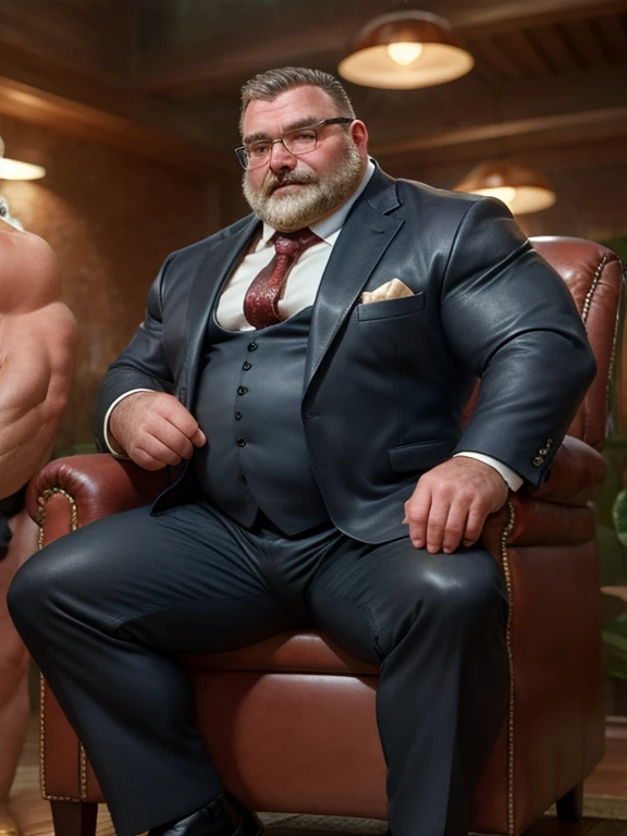 Hyperrealistic image of an elderly grey-haired Korean superhero 19th century steampunk trapeze artist with bare torso combed gray hair and huge handlebar mustaches A super heavy bodybuilder flexing his muscles. Un culturista obeso de cuerpo completo con un cuerpo musculoso muy sudoroso, extremely fat man over 70 years old weighing over 600 pounds A very hairy muscular man with very large legs and large sagging pecs dark nipples and gynecomastia on a steampunk circus stage with red velvet curtains and fringes dressed in white leggings and Golden shoes.