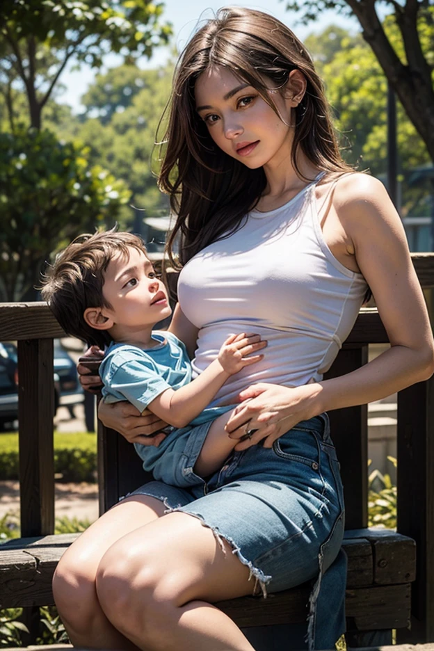 ((The most beautiful mother in Japan and her handsome junior high school son))、((Mom is wearing a sleeveless knit high neck dresom is tall and has a perfect body))、((Mom's breasts are too big and a little saggy))、((My son has a cute little face))
