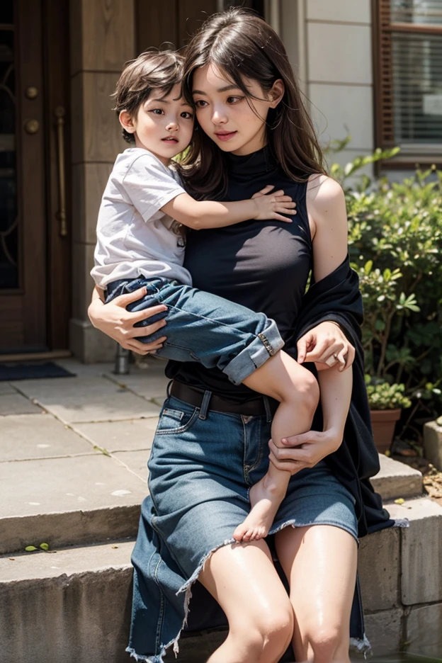 Mother leaning over her son