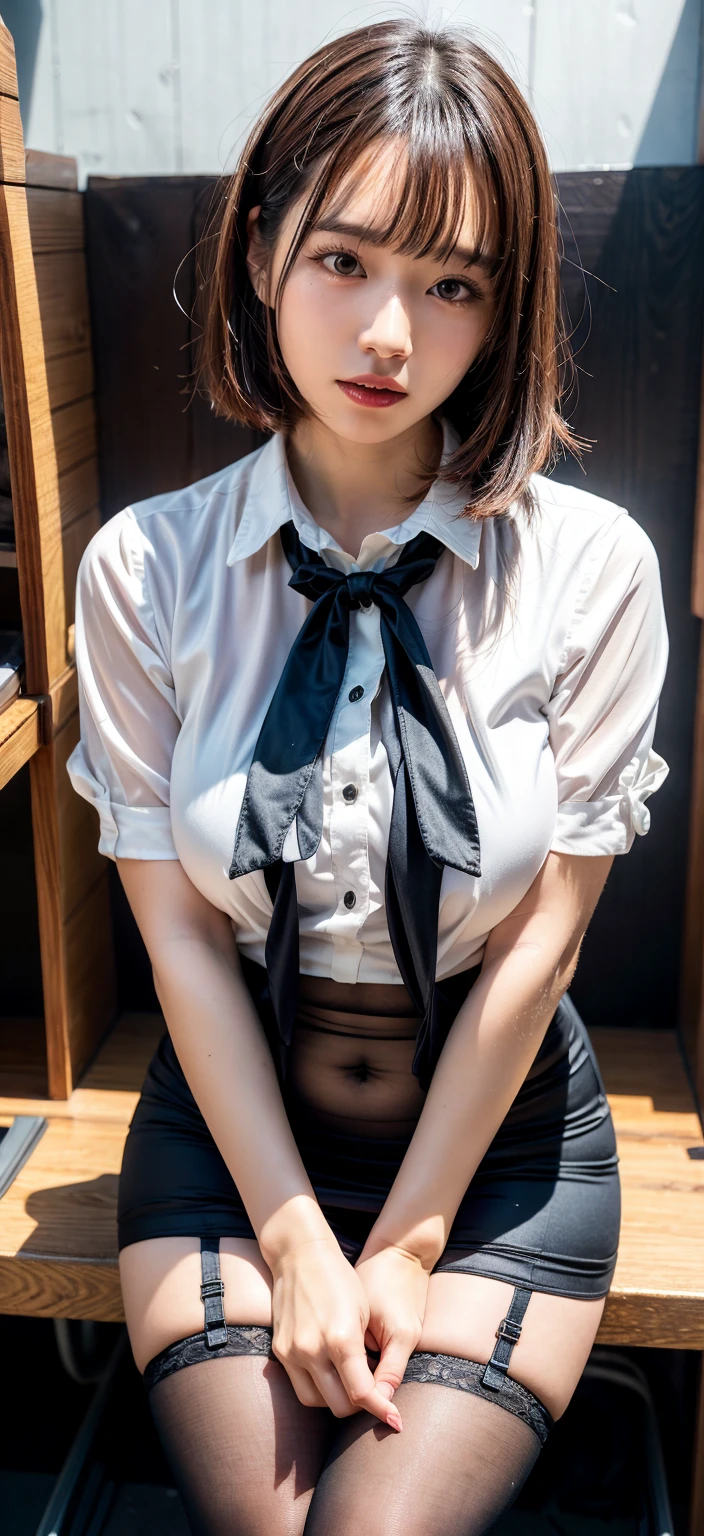 (((NSFW,Mouth ajar))),(((((NSFW、A slender、A slender、is standing、is standing、Flat chest seen from below,softlighting、Over Head Shot、The upper part of the body、turtle neck、shortsleeves、bustle skirt、Spread your legs apart、Raise one leg))))),((In the office、In the company、In the reception room、frombelow))、masutepiece, 1girl in, best qualtiy, Ultra Detail, (shiny), (Small)、(((with blush cheeks,))),Ray tracing,Perfect Lighting, (milky skin:1.2),reflection,  up looking_で_viewer, blush, bow ribbon, yellow_Eyes, White choker, Low_Twin-tailed、Japan's cutest 28-year-old beautiful girl、Small ribbons in the hair、(NSFW、Camelto、Beautiful nipple:1.5)、Low heel contrast、Contrast Legs、Contrasting eyes、nudde、Beautiful malls、small tits、small tits、softlighting、Gentle