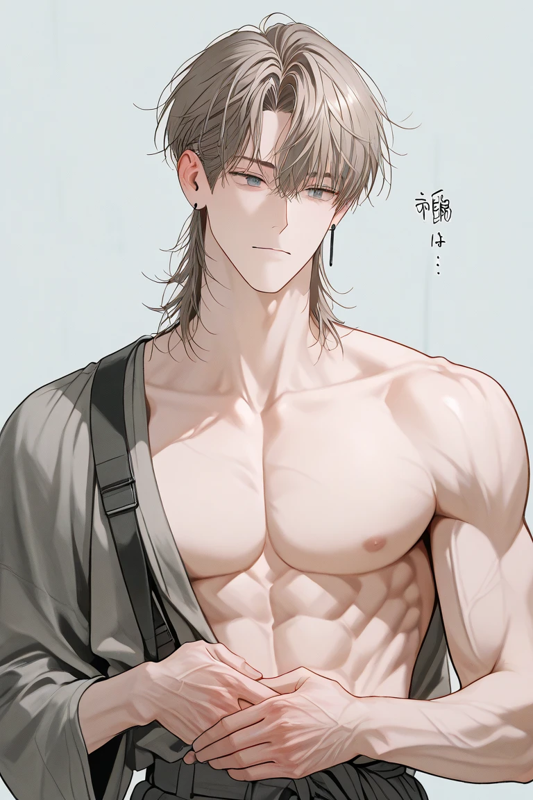 ((best quality)), ((masterpiece)), (detailed), ((best quality)), ((masterpiece)), (detailed), ((best quality)), ((masterpiece)), (detailed), Toji Fushiguro. anime guy with no shirt and no shirt on holding a jacket, [ adamantly defined abs ]!!, [ rigidly defined abs ]!!, muscular!!, prefect body, muscular!!!, big chest, abs, with abs, muscular body, ripped, lean and muscular, super buff and cool, lean but muscular, bare chest, perfect and proportional body, muscular!