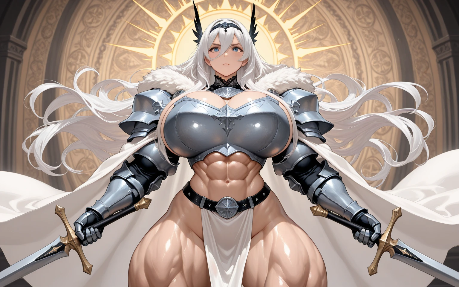(masterpiece, best quality:1.3), IBUO, 1girl, solo, looking at viewer, wide hips, simple background, closed mouth, dynamic pose, mature female, thick thighs, underboob, red eyes, navel, armor, huge breasts, white hair, muscle, abs, long hair, muscular female, <lora:IBUO Style Lora:.9>