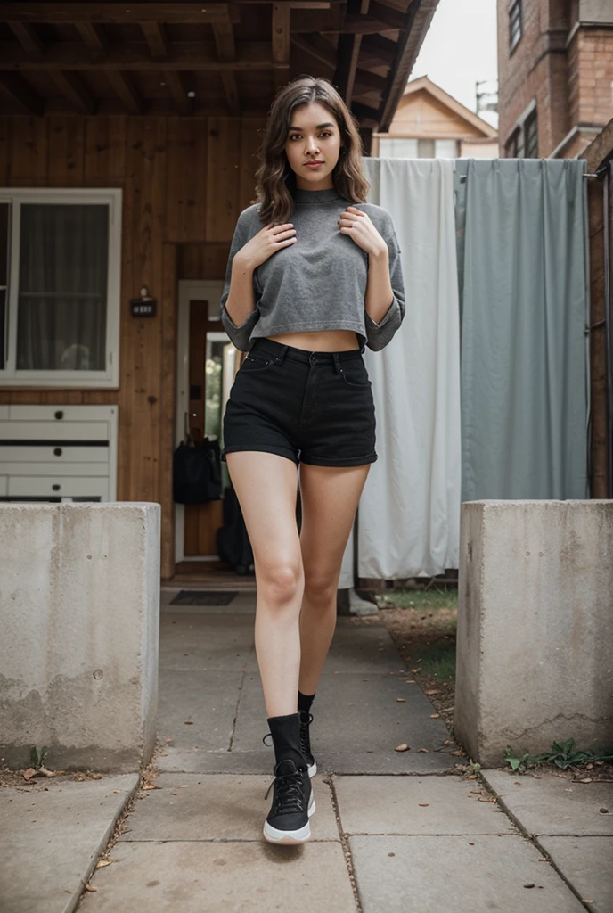 D4phneFrenchTI,(knee high boots,,marble counter:1.2),m legs pose,style by Dan Winters,RAW photography,film grain,photo taken with a Bolex H16,RAW,color graded portra 400 film,remarkable color,realistic dull skin noise,analog style,highest quality,skin pores,sharp focus,dappled lighting,film grain,photographed on a Sony A7R IV,18mm F/1.7 cine lens