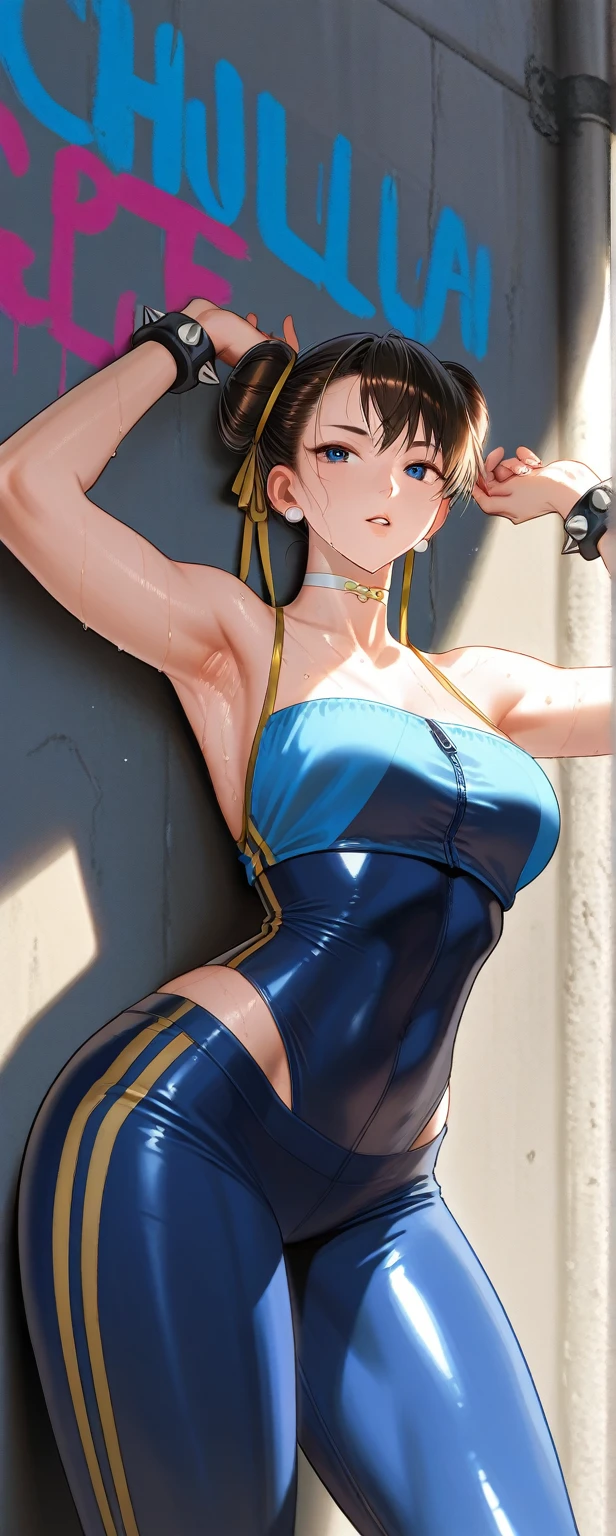 masterpiece, Highest quality, High resolution, One Girl, Hamriz, ponytail, Brown eyes,big , マイクロbikini、Cowboy Shot、Muscular body、blush、Sweat、Composition from the front、anime、(((Light blue bikini、Stand in front、audience、Shaking breasts、 Fully exposed、I-shape balance、Spread your legs、Kick、Look forward)))、((Wrestling Arena)), (Female wrestler), (Slender body, 発Sweat, tired), Mature Woman, Mature Woman, (bikini, Very sophisticated wrestling equipment)