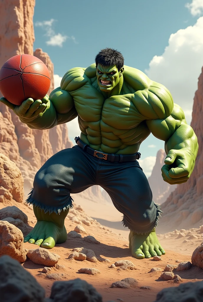 In this exciting promotion, We are introduced to a unique and unexpected scene: o poderoso Hulk da Marvel ( filme ) jogando basquete em uma quadra de basquete. The image begins with Hulk in all his grandeur, Standing in the center of the court. He's dressed in a custom basketball T-shirt, that stretches to fit your muscular physique. Com cada movimento, the court shakes under the force of the Hulk. He holds the basketball with a colossal hand, ready to make an epic pitch.