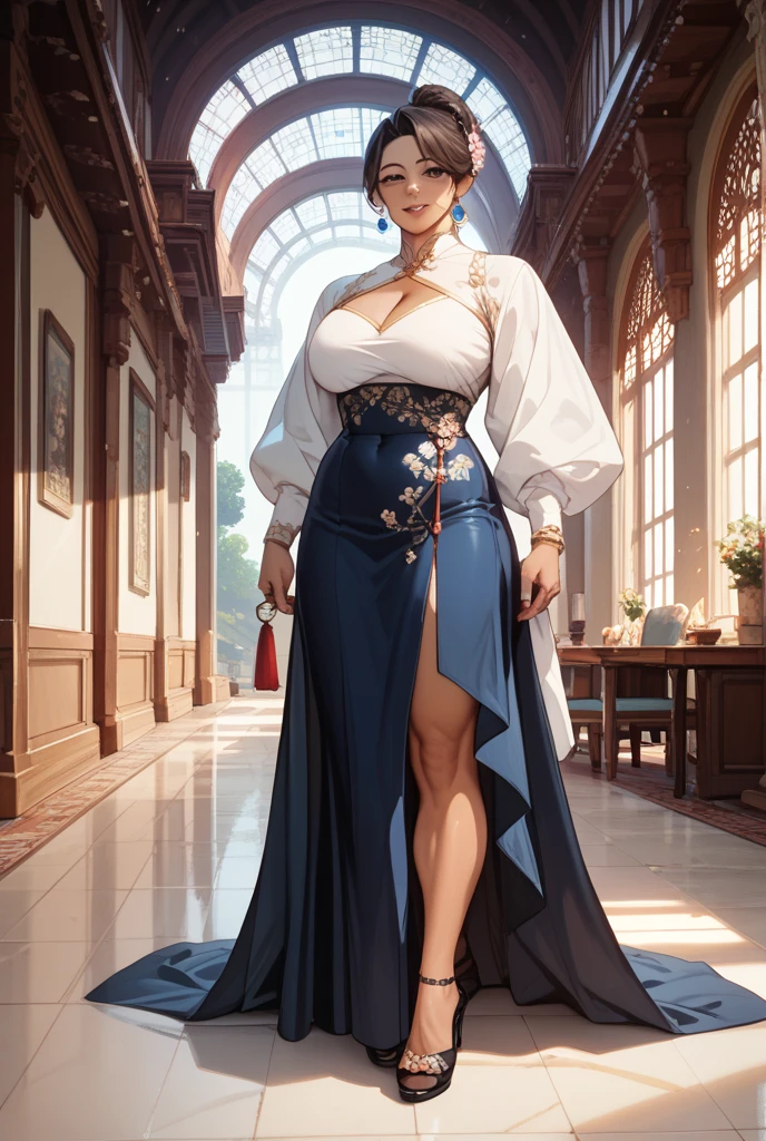 (Masterpiece), (Best quality: 1.2), absurd and intricate details (Highly detailed skin: 1.2), ((huge breasts)) mature woman, mature body, brown hair in a short braid, brown eyes, red lips, ((huge breasts)), long-sleeved polo shirt with high collar, long skirt, earrings, necklace, calm smile, sensual posture, ((full body standing, white background, character sheet))