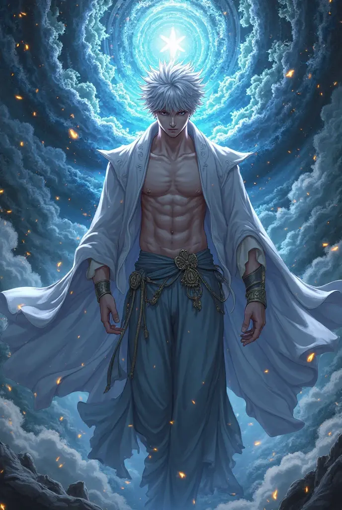 a close up of a person holding a light ball in the air, white haired deity, trending on artstation pixiv, official art, handsome guy in demon slayer art, male anime character, artgerm on artstation pixiv, tall anime guy with blue eyes, an epic anime of a energy man, advanced digital anime art ”