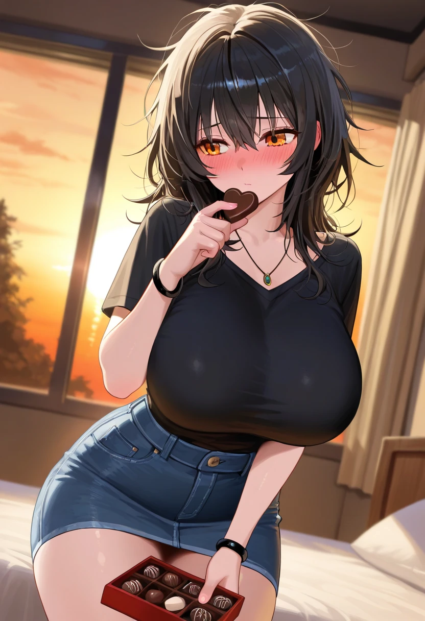 (((kipteitei art))), ((masterpiece)), (((best quality))), ((ultra-detailed)), (((illustration))), (1girl), (solo), ((Line art)), (in the style of cell shaded), (vivid colors), skindentation, short hair, {black hair}, ((hair over one eye)), (Fluffy hair), messy hair, looking at viewer, green eyes, (((blush))), warm smile, masochism, ((sexually suggestive)), nervous, affectionate, cute, goth girl, sweating, out of breath, ear piercing, choker, ((black crop top)), plaid skirt, (short skirt), thigh highs, black arm warmers, medium breasts, cleavage, (((wide hips))), (((((thick thighs))))), (fat ass), (pudgy belly), (belly rolls), ((((belly grab)))), navel, dynamic pose, standing, (in public), she is turned on by her belly, sitting in a cafe, sitting at a table with coffee at it