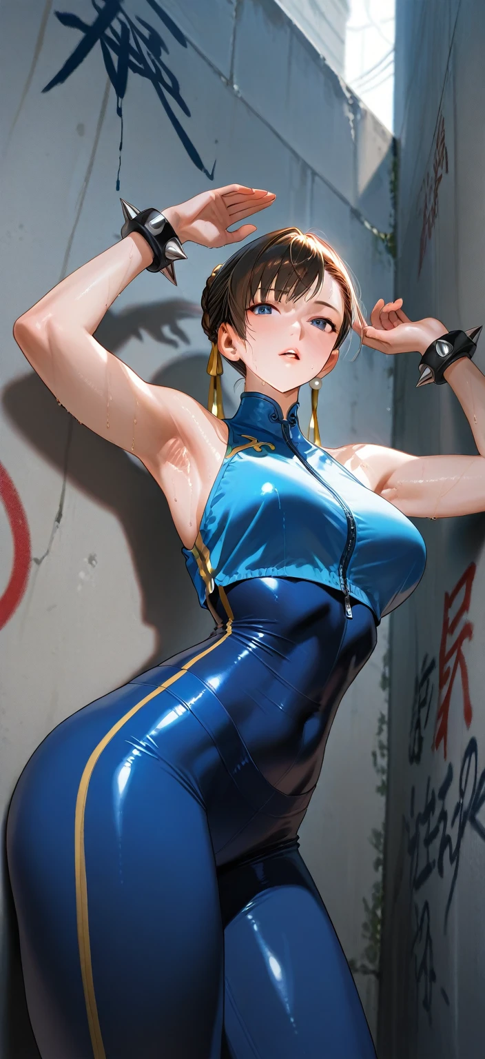masterpiece, Highest quality,  Unreal Engine,  Super Resolution,  Very detailed, 

Beautiful woman, Chichi, Dragon Ball, Black hair in a ponytail, Vivid expression, Healthy Body, Beautifully detailed sweat glands, Smooth skin texture, Carefully drawn,

(taimanin suit), (humidity:1.2), Beautiful Eyes, (Attractive face:1.2), (Beautiful Skin), (Big Breasts), Puffy nipples, Sticky with sweat, In a dynamic pose,

In the world of Silent Hill, indoor, In the basement, 
