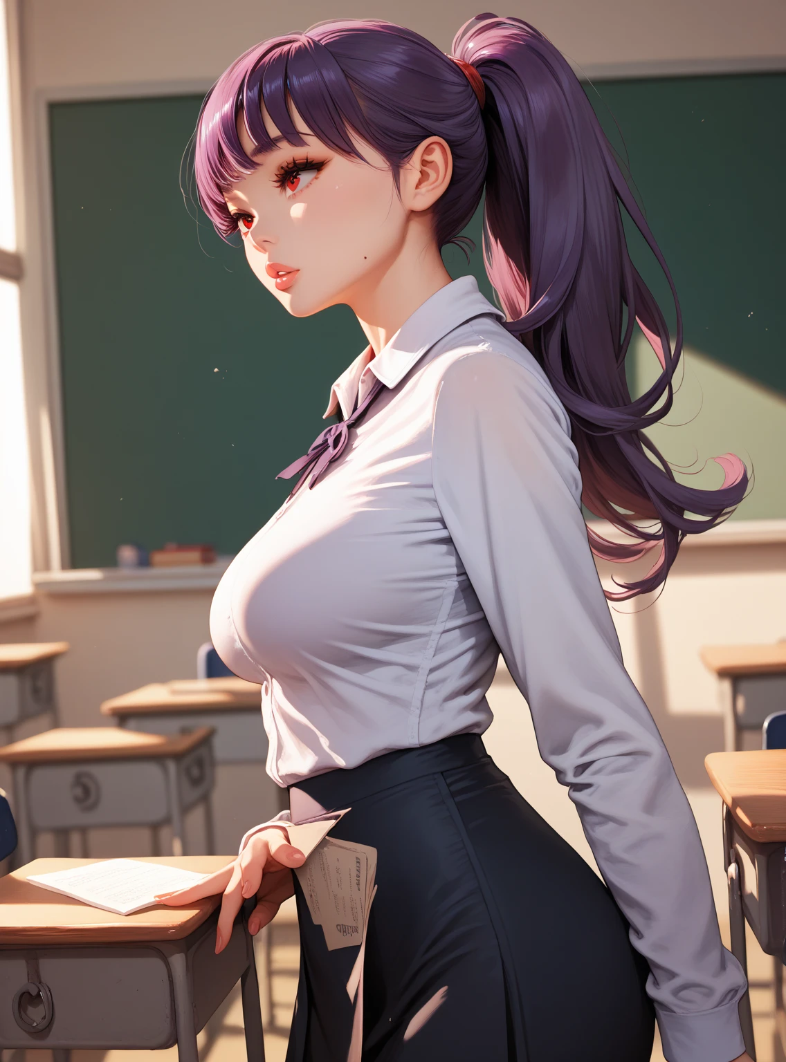 1girls, Female teacher，Delicate and beautiful face, get  blush, Purple pupils，red tinted hair，long haired，Gemstone earrings， Plump chest，Convex buttocks，Black and white shirt，yellow bowtie，red short dress，Black lace stockings，perfectly proportioned, Detailed clothing details, schoolyard，pupils，The sunlight，Cinematic lighting, filmgrain, Fujicolor, light and darkcontrast, 8K, 巨作, Textured skin, Super detail, high detailes, High quality, high resolusion,