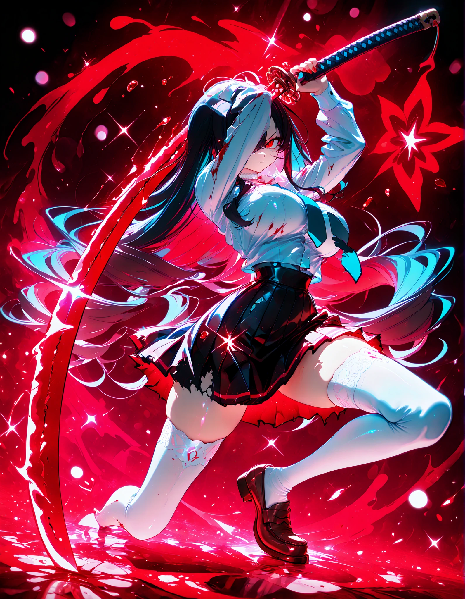 neon art, neon lineart, colorful neon lineart, neon silhouette, silhouette, neon colors, glowing, glow effect, bright outlines, vibrant colors, high contrast, dark background, digital art, extreme perspective、upside-down, backflip、Whole body expression, 1girl, Kuroki Monika, black hair, very long hair, hair over right eye, red eyes, large breasts, (petite but curvy, very cute),
, white lace choker, school uniform, neon trims, white shirt, marine blue necktie, marine skirt, intricate white thighhighs, brown loafers, torn clothes, scratch, solo, glowing eyes, looking at viewer, dynamic shot, dynamic view, dynamic pose, holding katana, crouching, foreshortening, bokeh, glittering, sparkling, blood splash, bloody, blood, red theme, (((black background)))