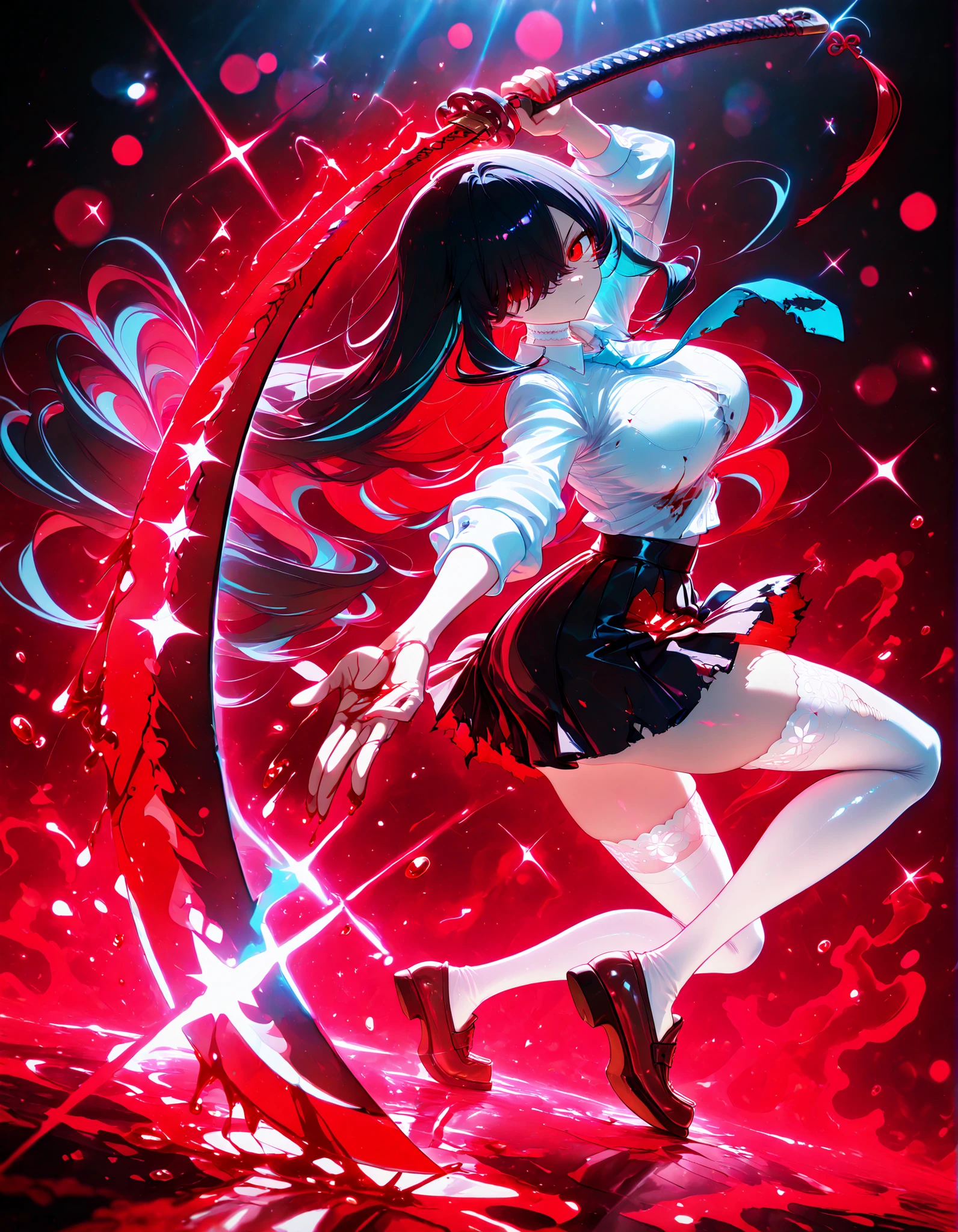 neon art, neon lineart, colorful neon lineart, neon silhouette, silhouette, neon colors, glowing, glow effect, bright outlines, vibrant colors, high contrast, dark background, digital art, extreme perspective、upside-down, backflip、Whole body expression, 1girl, Kuroki Monika, black hair, very long hair, hair over right eye, red eyes, large breasts, (petite but curvy, very cute),

,  white lace choker, school uniform, neon trims, white shirt, marine blue necktie, marine skirt, intricate white thighhighs, brown loafers, torn clothes, scratch, solo, glowing eyes, looking at viewer, dynamic shot, dynamic view, dynamic pose, holding katana, crouching, foreshortening, bokeh, glittering, sparkling, blood splash, bloody, blood, red theme, (((black background)))