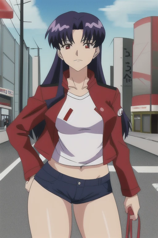 (RAW photo, best quality), 1girl,  natural lighting, solo, light smile, 
katsuragi misato, outdoor, big boob, large breasts, boob window, exposed cleavage, tight clothes, wide hips, thicc, wearing a suit,  woman, small woman, small height