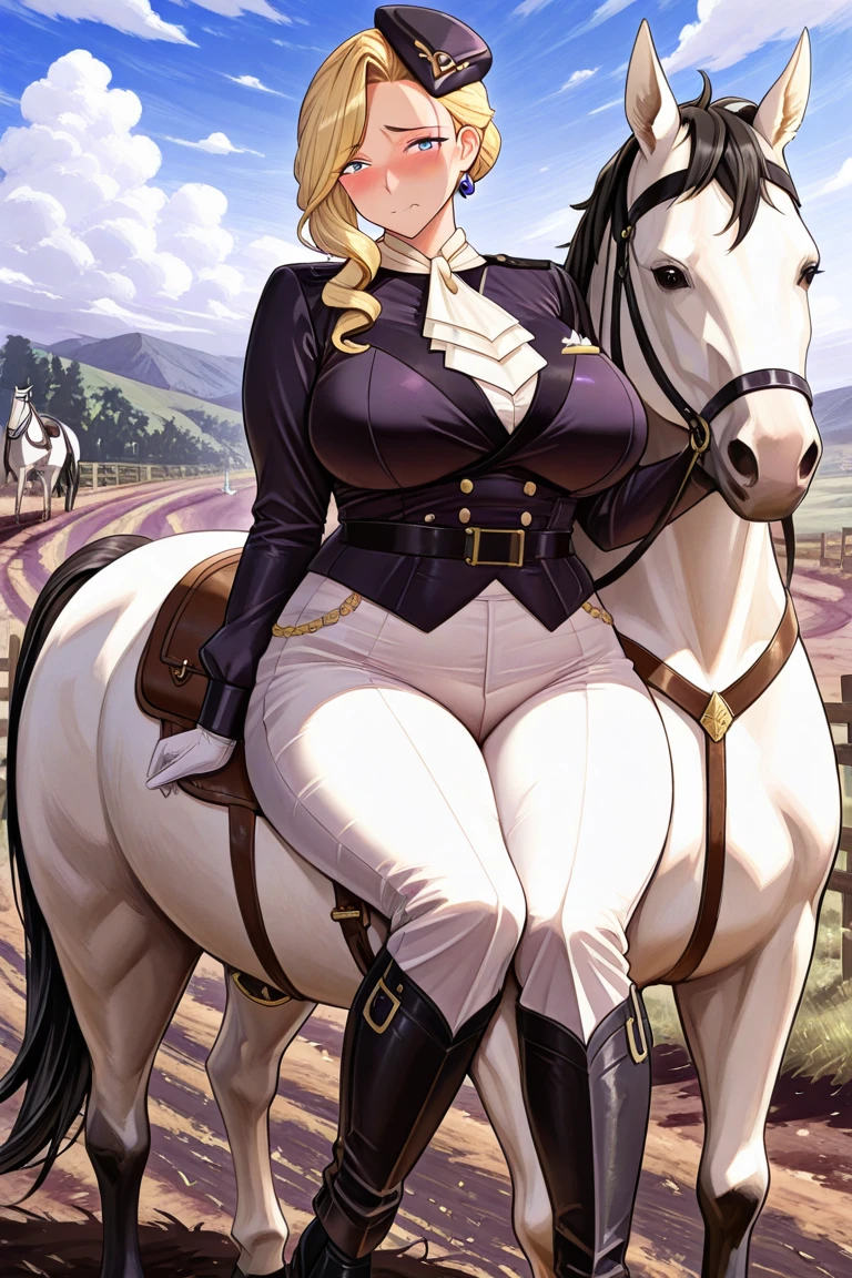 1girl,solo,centaur,blond hairs,ponytail, blue eyes,horse ear,large breasts, coat,glasses ,smile,garden,fence ,fountain,close-up