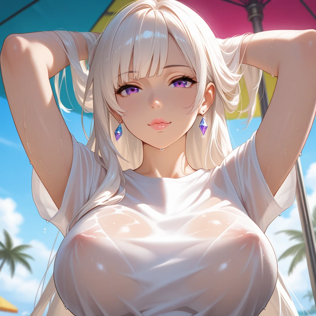 Girl, white hair, young woman, huge breasts, anime style, big thighs, transparente bikini, white bikini