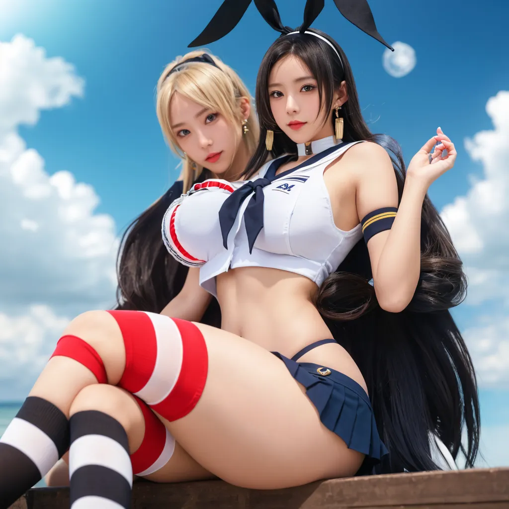Highest quality, 8K quality, Masterpiece, Two busty women standing side by side, (Super big breasts compressed by clothes:1.2), Whitening skin, Sparkling Blue Eyes, Sailor collar mini dress, Above the knee, Skirtliftv1, (Protruding and accentuated booty), Super big breasts in a frontal view, (White panties), grabbing own ass