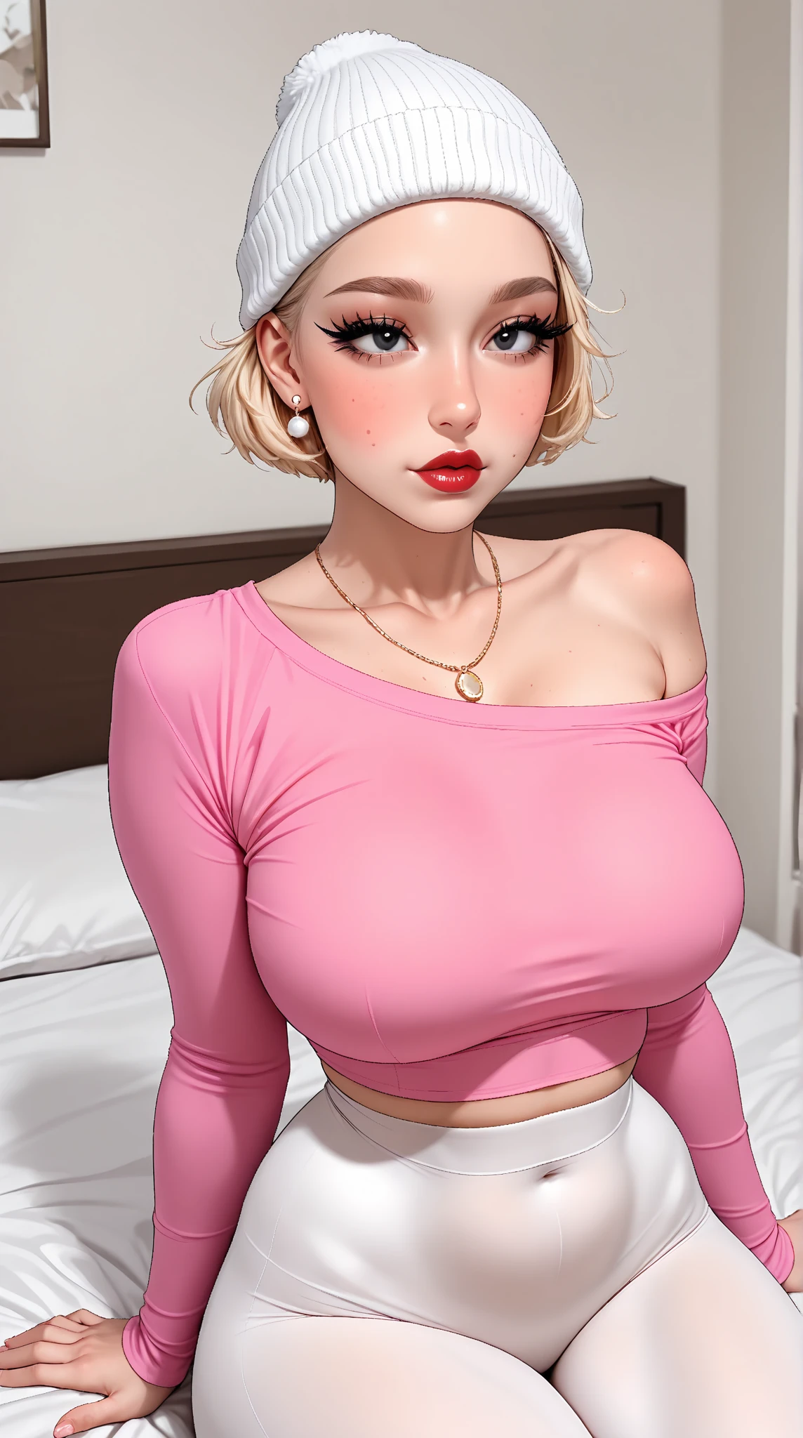 A realistic rendering of a David Wright style illustration of a very close shot, ultra close shot on the breasts of two pert, nubile, thin, freckled teen girls with 50s style, very short sandy blonde hair, bows in hair, topless, best quality, tiny breasts, bare breasts, small breasts, bare crotch, exposed crotch, pink nipples , puffy nipples , exposed nipples , wearing pink bondage straps, black, spiked choker necklace, a silver chain wrapped around body, open, white blouse, white lace collar, black lace, pastel lace straps under nipples, pastel lace straps under breasts, open light blue, fuzzy sweater, undressing, uniform, partially clothed, reclining on a bed in a pink, 1950s, teen girl's bedroom, ultra close shot on breasts
