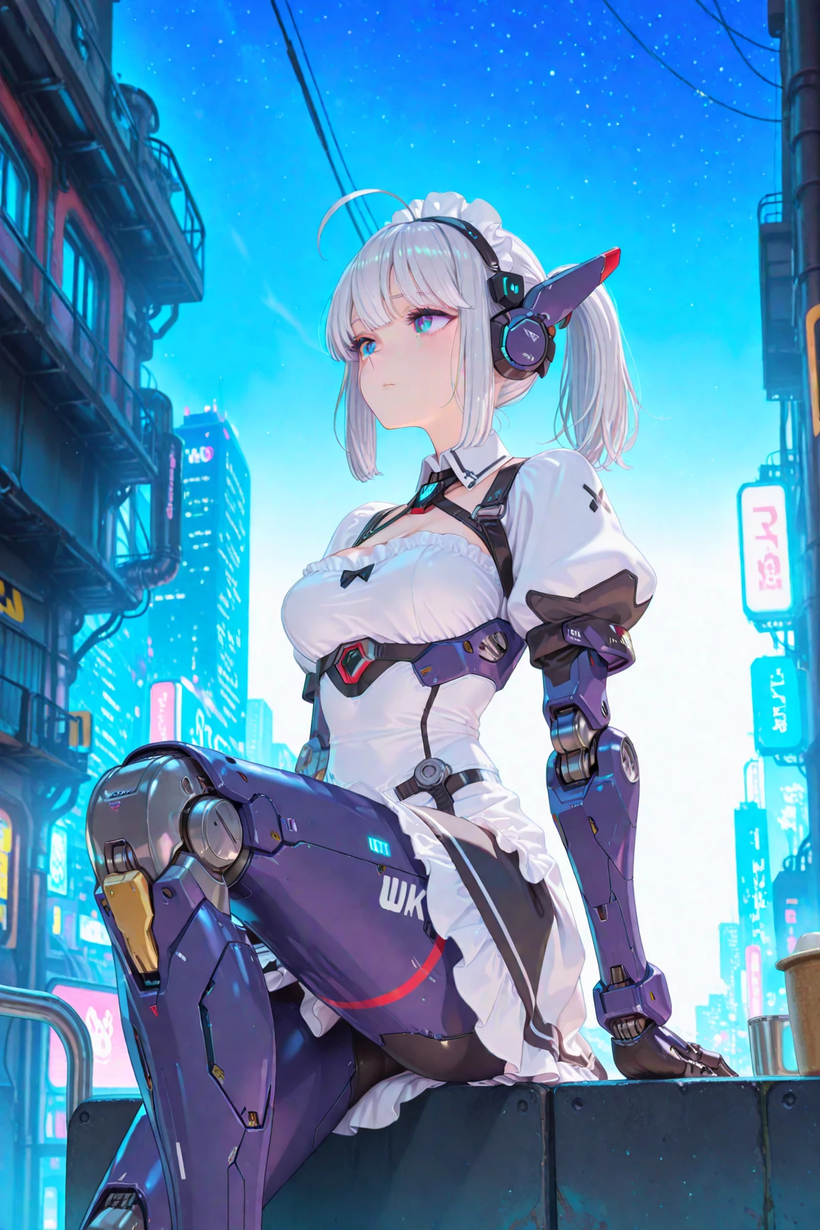 Electronic illustrations of women with mechanized armor and guns in outer space, one girl, breasts, ships, weapons, military vehicles, mecha girls, guns, big breasts, space battleships, science fiction, aircraft, cleavage, weapons hold and look at the viewer,Robot-Girl,GTS, Giantess Female Giant, huge girl in the valley between buildings, skyscraper area, big city, cleavage ,a drawing of a , earrings, long hair, 1980s (style)