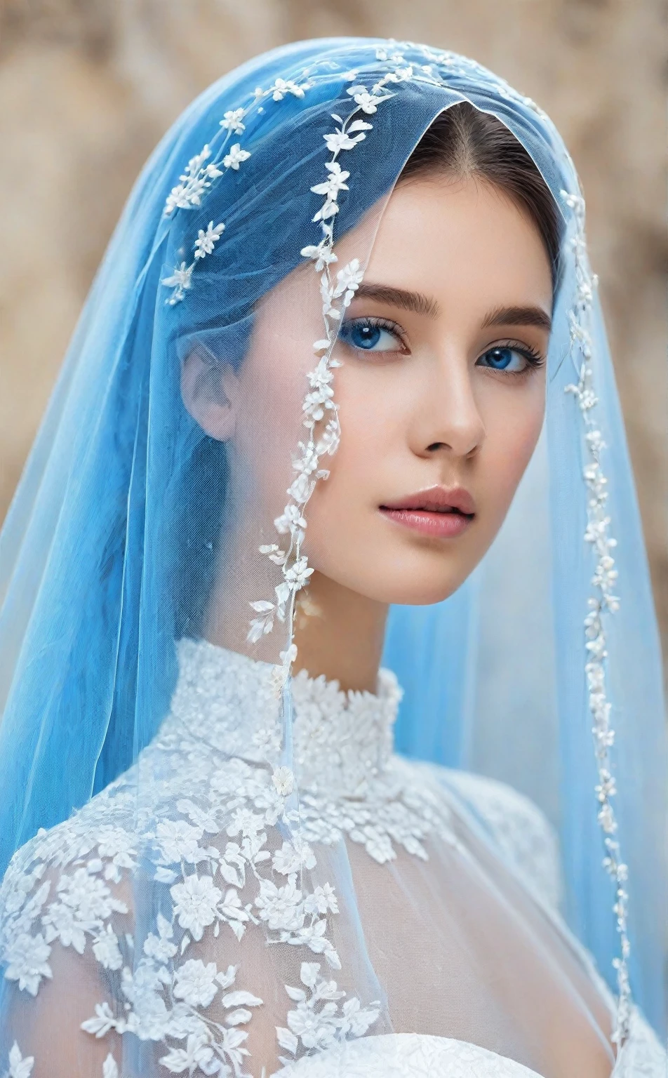 beautiful сексуальная женщина, beautiful avant-garde style, full length , beautiful, white blue, transparent veil clothing , Accessories ,
