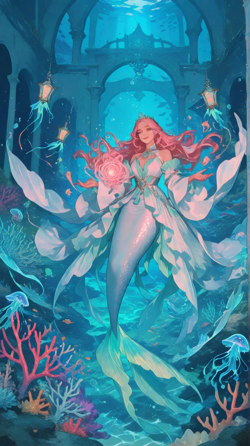 4K.hight resolution,One Woman,Red Mermaid,a blond,Longhaire,huge tit,Little Mermaid,Seashell bra,jewel decorations,Pearl decoration,tiarra,under the water