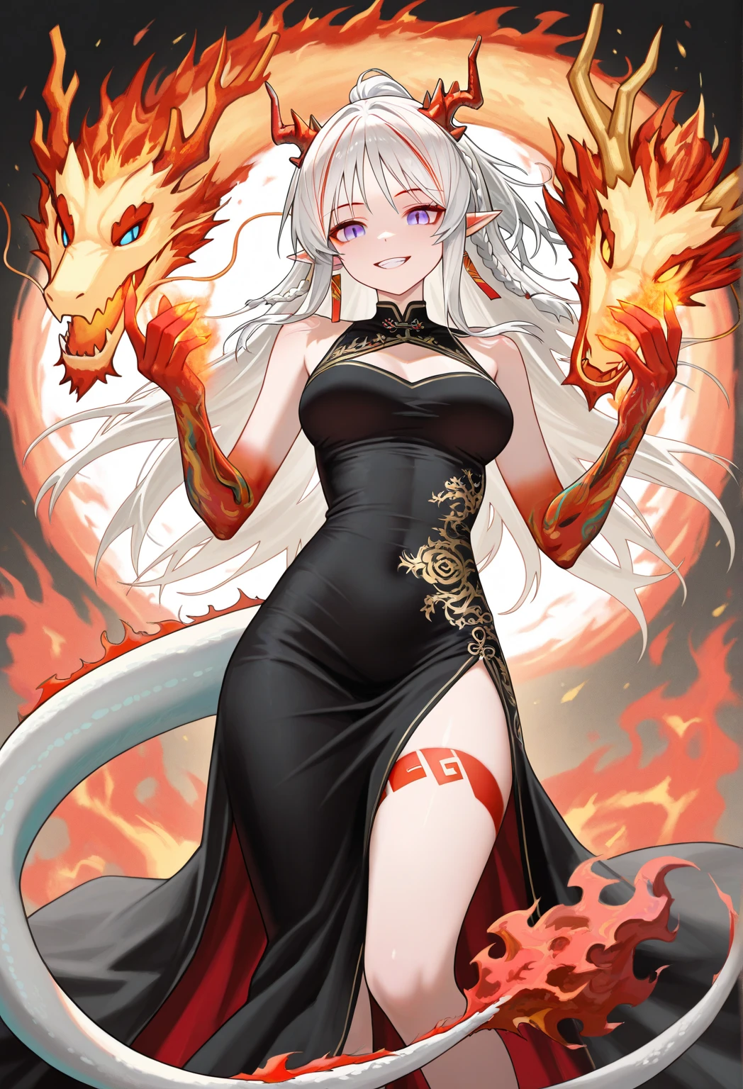 anime style,flat chest shota,kawaiI small little shota,oriental dragon shota,oriental dragon horn and tail,long hair,white hair,messy hair,laugh,
zip slit scarlet bodycon Cheongsam dress,Lace up under the armpits,
