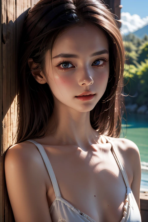 Portrait d'une petite rousse de 30 ans aux yeux verts, Chest close-up, cour, unbuttoned white blouse, pas de soutien gorge, petits seins, petite poitrine, culotte dentelle, lying in the water of a river, vegetation, Ultra-detailed skin texture, sexuality, seduction, regard amoureux, Slight smile, coucher de soleil, cinematic rendering, 32K, facial sharpness, les mains dans les cheveux, Pointes des seins durcis, duvet sur la peau