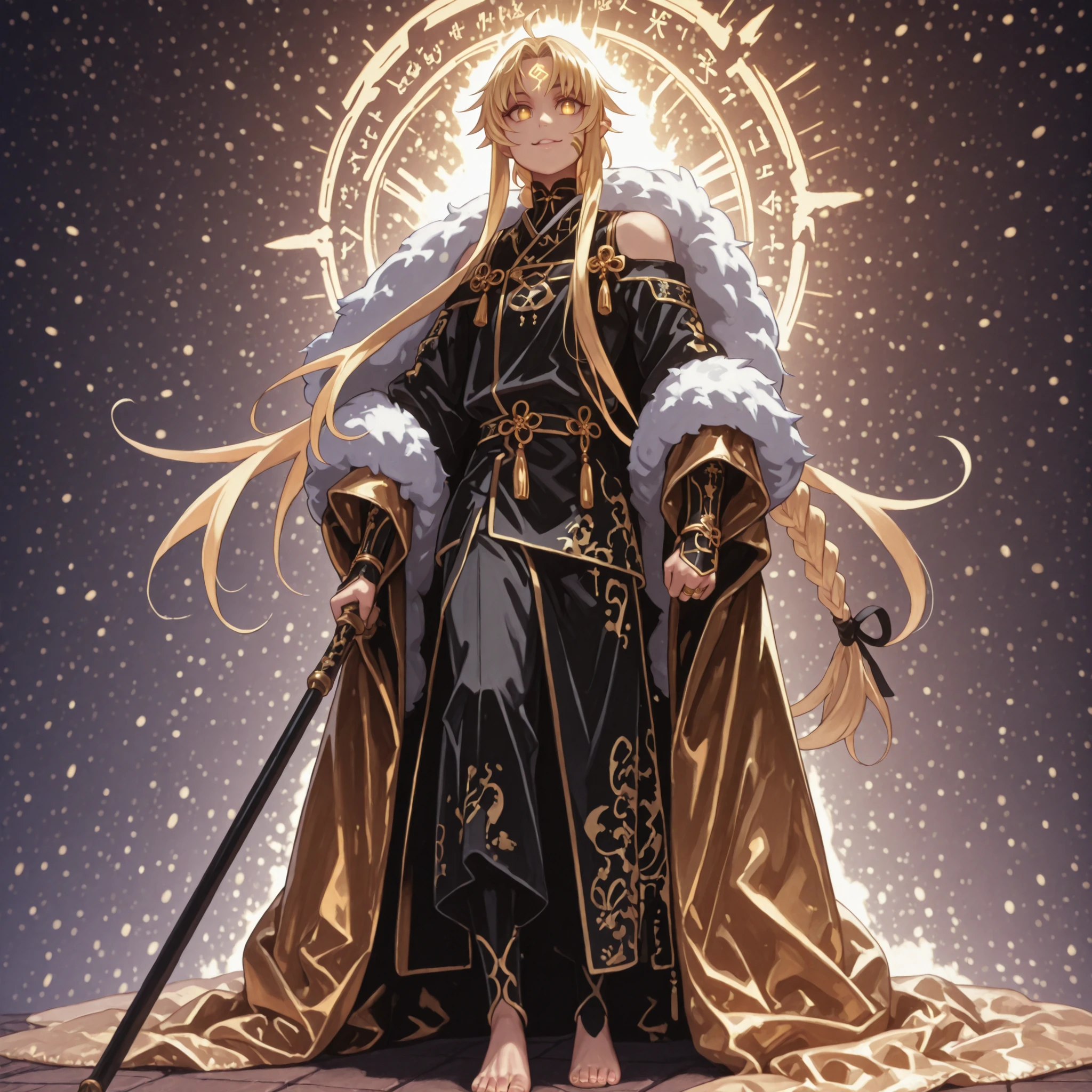 A young male character who is one with a short height equivalent to 1.5 metros. He has long blond hair with the same design as Alice Zuberg's hair from Sword Art Online, which is tied in a long braid that almost touches the ground., the braid is very bulky. He has bright golden eyes that shine brightly. Your expression is provocative and confident, using a defiant and ironic smile. he has pointy ears, blonde hair like Alice Zuberg's hair from Sword Art Online, body equivalent to the height of Lloyd de Saloum de Dainanaoji.
Your clothes are white with gold details, with a Chinese design, His arms, shoulders and hands are exposed and have blue markings that resemble Norse runes, He also has blue marks on his face like those of Sesshoumaru, mas azul. He wears over his left shoulder a fluffy blanket like Sesshoumaru's, But this is gold, a golden blanket on the shoulder.
In his hand he carries Sun Wukong's staff from Black Myth Wukong. The staff is black and very long with golden ornaments. On your wrists are heavenly rings of energy that float without touching your skin, he walks barefoot and has the same gold rings around his heels, and he has a long monkey tail that is the same color as his hair.
Your pose is bold and confrontational — from front with slightly tilted head, Ombros alinhados, In his hand he carries Sun Wukong's staff from Black Myth Wukong.
The background is deep black to emphasize your presence. The entire illustration must have a vivid, colorida, highly detailed rendering, The background is deep black to emphasize your presence.