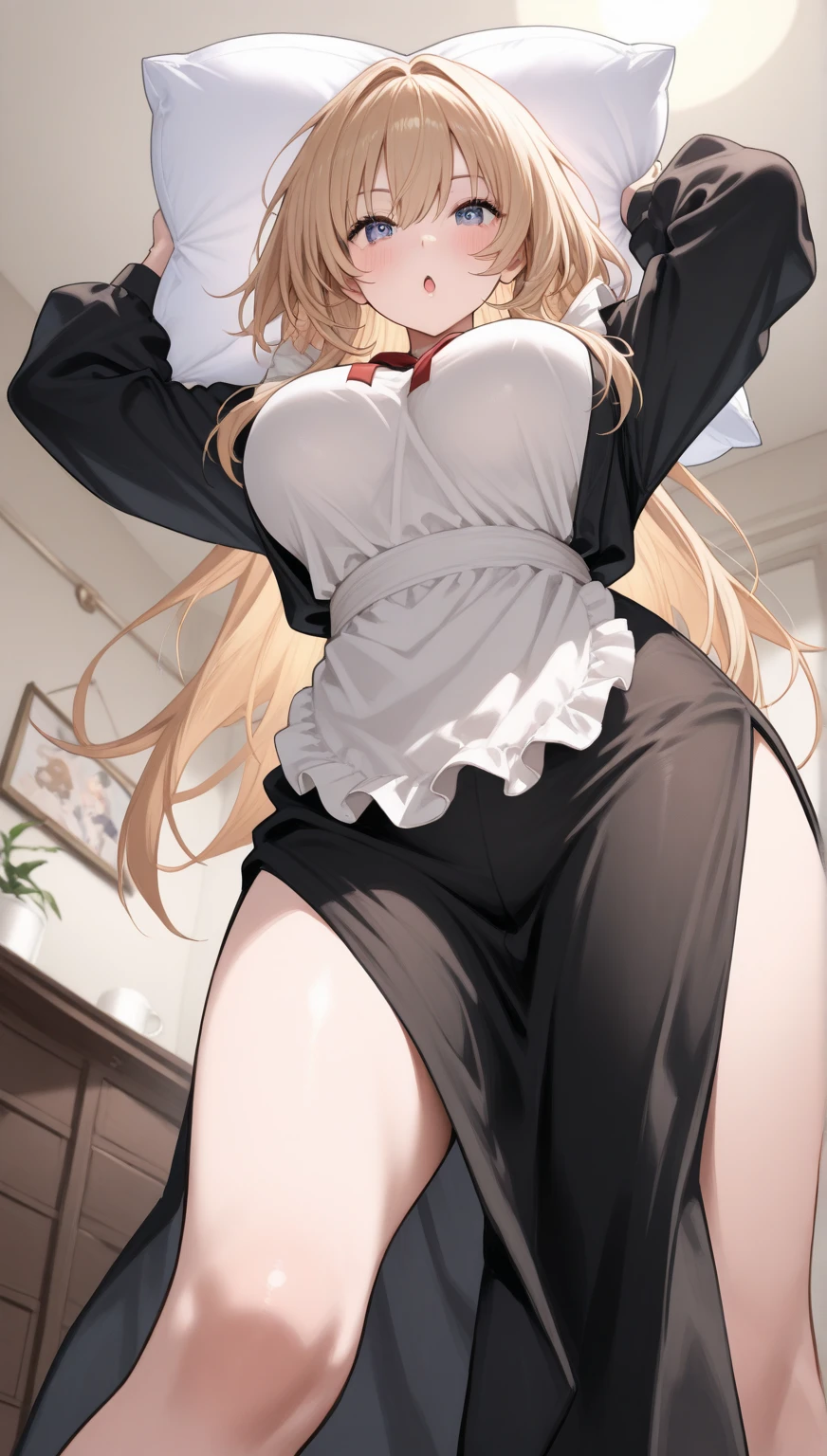 best quality ,masterpiece,solo,1girl,blond hair,brown eyes,a dress with long sleeves,lift up the dress,ass under the dress,panties,looking down,blush,sweating,small lady serenity,big breasts,despise,steam,ass,ass focus,sweat bullets,back to the viewer,open mouth