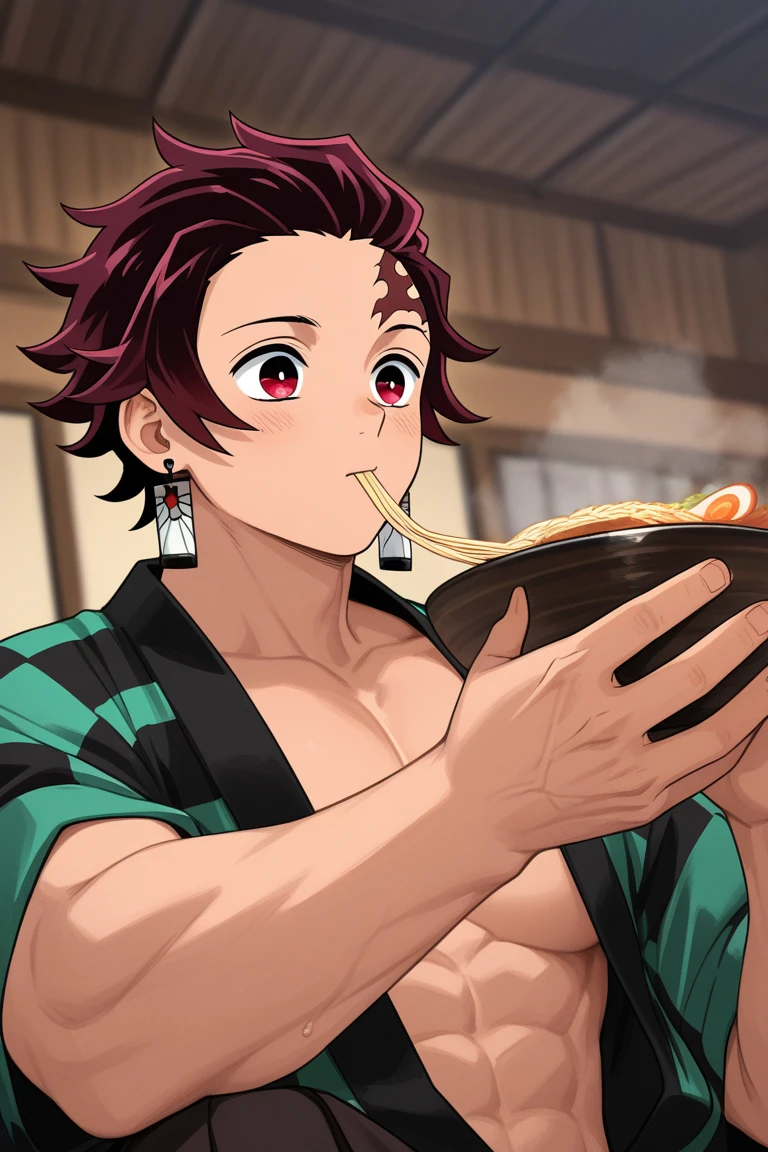 Highres, Masterpiece, Best quality at best,Best Quality,hight quality, hight detailed, 1boy, Shota, Tanjiro, earring, Slim body, Body only, Nyotaimori, On table, (Food on his body), (Very young boy), 12-year-old boys, Armpit, hansome, sweat, uhd