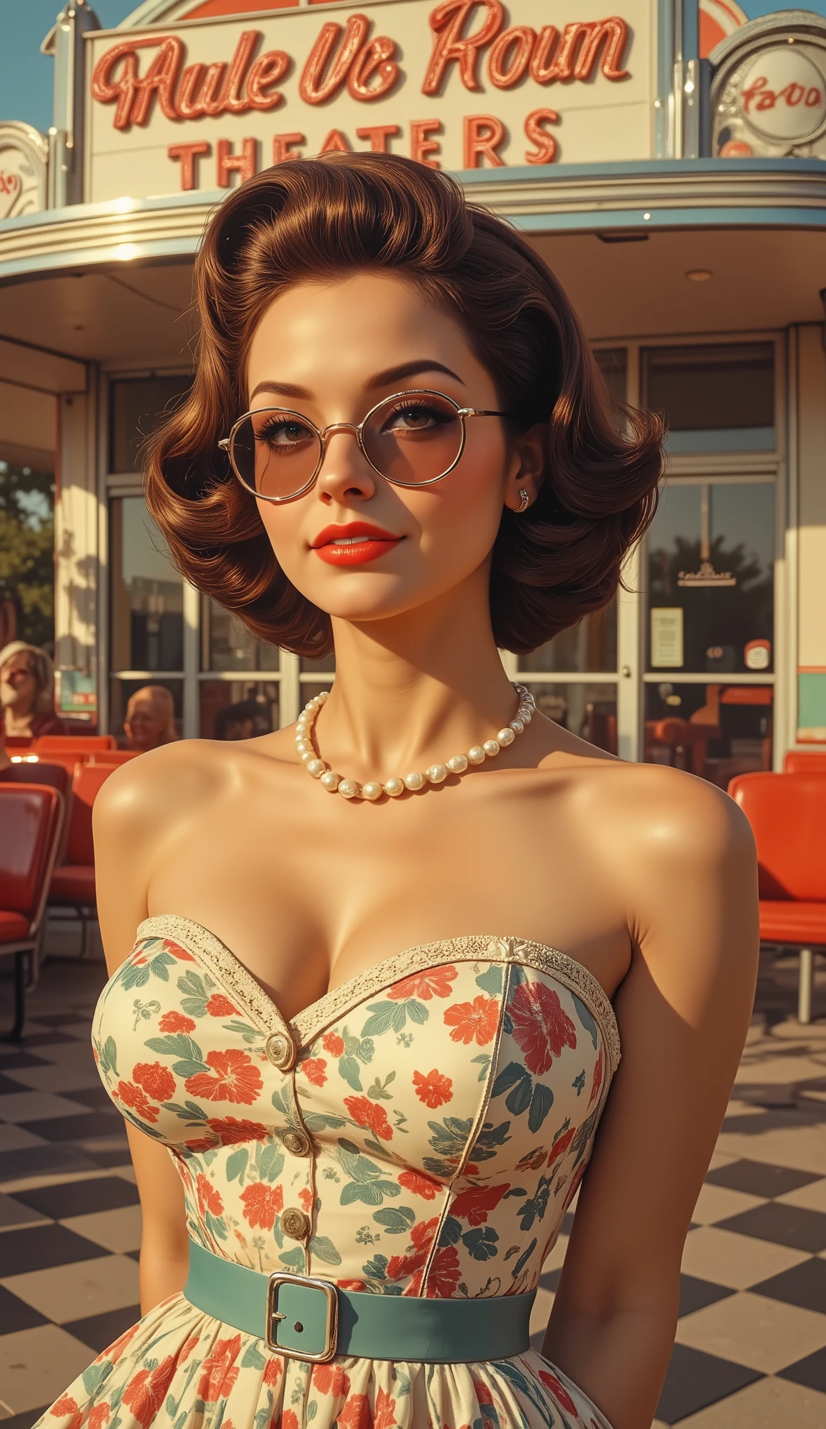 (((full body))) A glamorous 1950s woman, shown (((full body))), with a (((vintage mid-length bouffant hairstyle perfectly styled with iconic victory rolls and soft waves, set with a generous spray of hairspray))), creating a voluminous, structured look. (((The woman is wearing a pair of 50s-era sunglasses))) Her hair falls just past her chin, with a glossy, sculpted finish — the epitome of 1950s elegance. She wears classic retro makeup: bold red lipstick, cat-eye eyeliner, and a matte complexion. (((The woman wears a strapless floral print dress with a sweetheart neckline and cinched waist, paired with a delicate pearl necklace, perfectly embodying mid-century fashion))). She is standing in front of a (((colorful 1950s American movie theater, with neon signs, chrome trim, red seats, and a checkerboard tile floor visible behind her))). The scene is set in the early evening, during the golden hour of sunset, with soft, warm light and long shadows. The weather is clear and dry, evoking a nostalgic, dreamy summer vibe. Her expression is cheerful and seductive, with a slight smile and a confident gaze. The camera is framed vertically at 9:16, medium shot, tilted slightly from bottom to top to highlight her posture and glamour. Soft focus on the background.