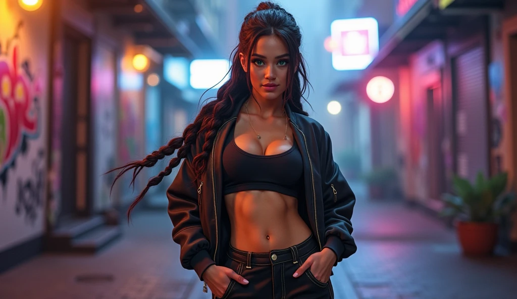 18 year old gothic girl walking around future city, sad face, black sports bra, grey jacket, black sweatpants, clean skin, super skinny, abs, ribs, very detailed, detailed face, long blue hair, dynamic camera, long torso, tanned skin, headphones, cyberpunk city landscape, skyscrapers, dark night, stars, colored lighting, camera from below, hopeless atmosphere, red sky, no bra