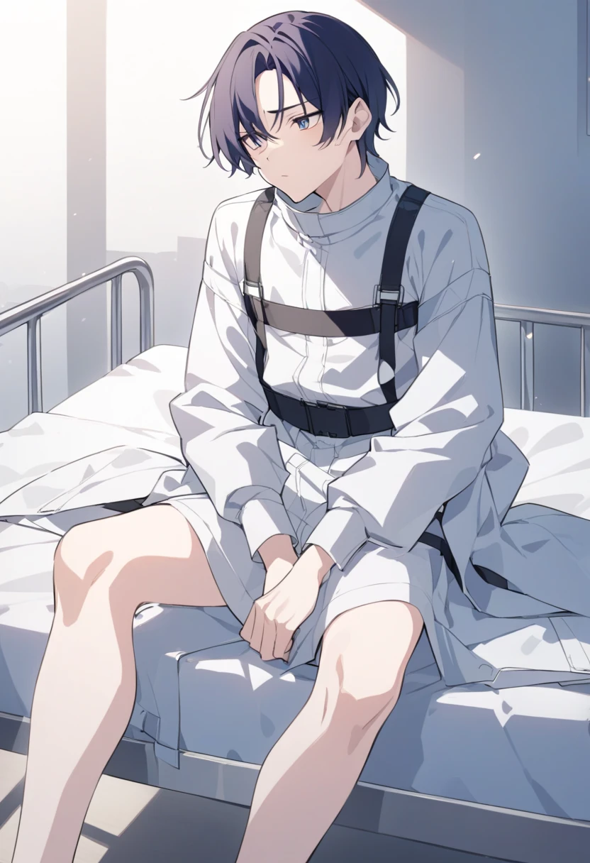 1 boy, lying weak in hospital, black hair, short hair, face to detail, detailed eyes, full-body illustration