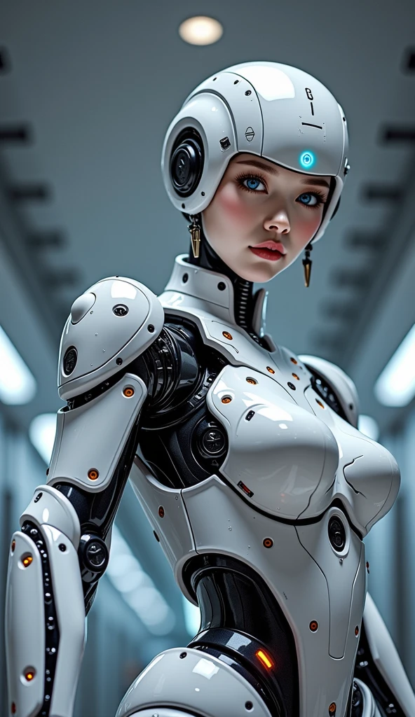 A mesmerizing robot S2, (realism: 1.6), intricately designed with meticulously detailed wires and gears, (film grain: 0.7 for a vintage effect), HDR lighting adding depth and dimension, (cyborg: 1.2), expressive sapphire eyes that glow with an inner light, capturing a friendly and inviting demeanor, (selfie angle) showcasing every curve and line. A true masterpiece of engineering and artistry, best quality and ultra high resolution textures bring every detail to life.