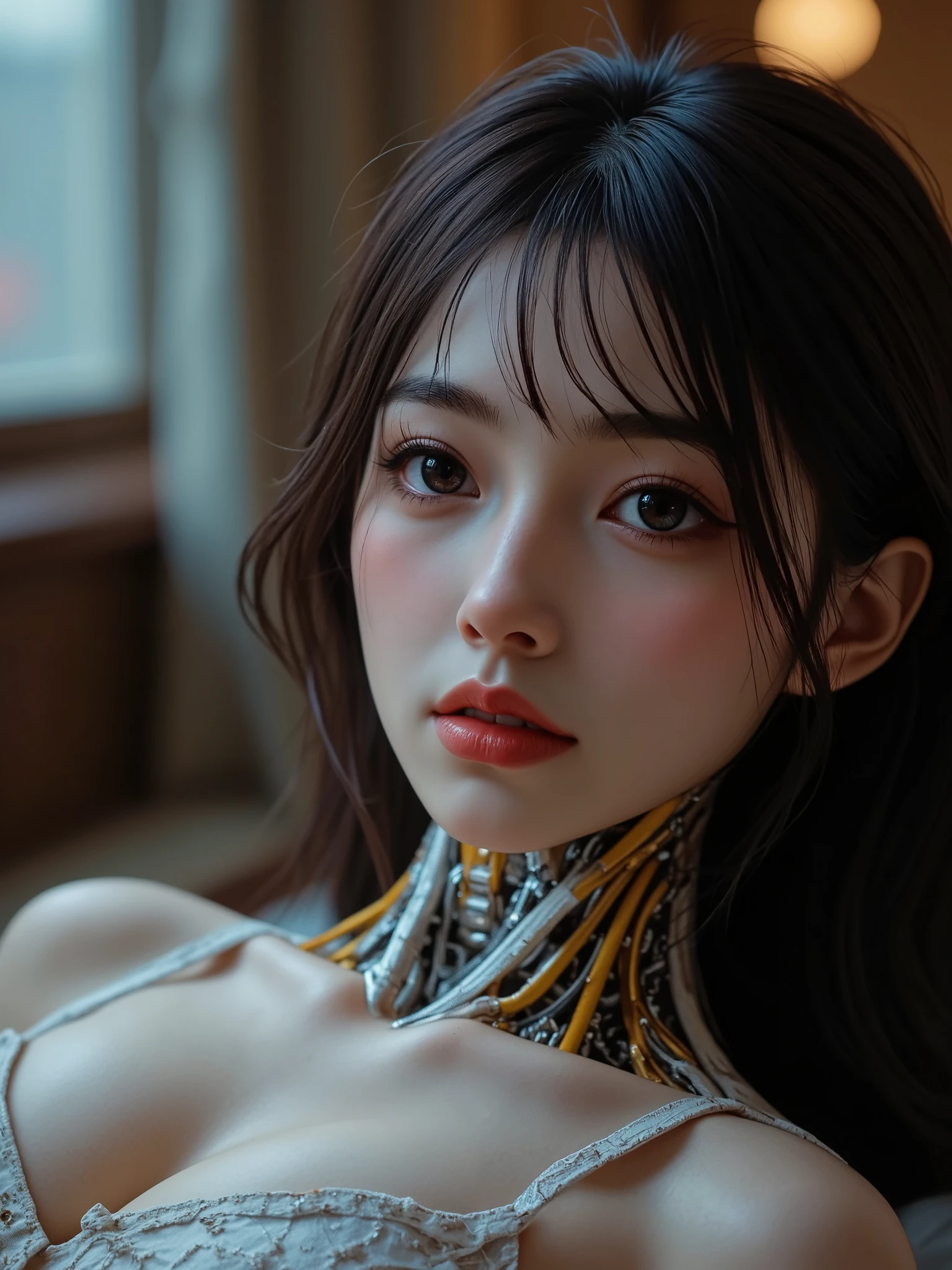 cute Japanese female android, exposed mechanical parts, kind expression, Lover-like atmosphere, on the bed, Warm indoor lighting, delicate texture, Advanced Technology, 4K high definition, Realistic, Superb Details, HDR, UHD, Studio Lighting, delicate oil painting touch, bokeh, Warm Colors, relaxed vibes