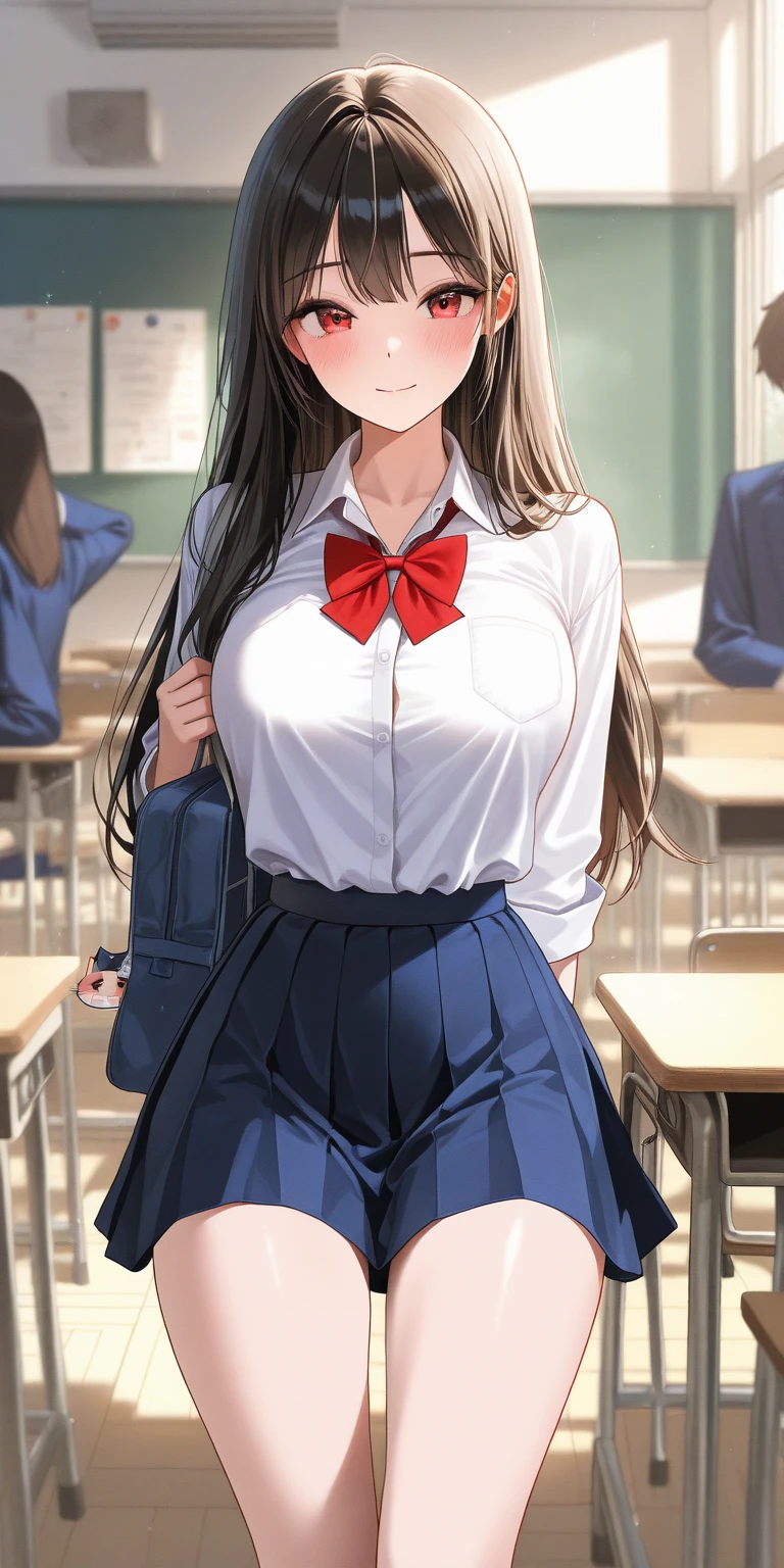 (超High resolution,4K,Very detailed, photograph, 8k, High resolution, High resolution, Absurd:1.2),18 year old Japanese female,expensive,Long black hair,Beautiful character design,Beautifully detailed eye depiction,Perfect Face,Expressive eyes,Brown eyes,Please smile with your teeth showing,(Red bow tie,Black jacket,Open jacket,Brown cardigan,White shirt,Black Skirt,Checked skirt),(Large Breasts:1.2),(See-through bra:0.3),Tight waist,In the classroom,Daytime,Are standing,(Lift the hem of a skirt),White sheer lace panties,Cowboy Shot,At the front