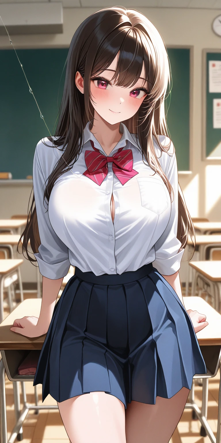 arafed asian woman in uniform posing for a picture in a classroom, , jk uniform, seifuku, , girl wearing uniform, japanese model, uniform, the blouse you're wearing, , (looking at viewer:1.5), big breasts