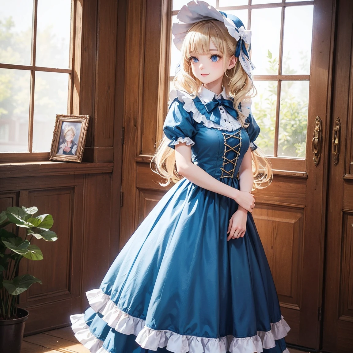 princess, yellow hair, 18 years old, beautiful, innocent, blue eyes, rococo style dress