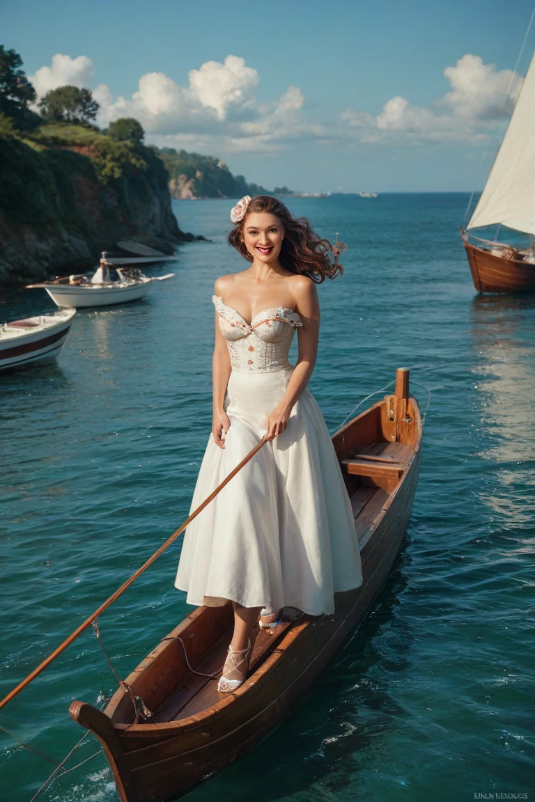 Masterpiece, ((Morena Baccarin:Christina Hendricks:0.5)), 20 years old, beautiful girl, ((wearing white corset dress)), ((ultra realistic girl)), detailed face, (perfect body), medium cleavage, eyeliner, eyeshadow, highlighter, straight hairs, brown hair, standing confident, fair complexion, sky, clouds, sea, coast, seductive poses, looking at viewer