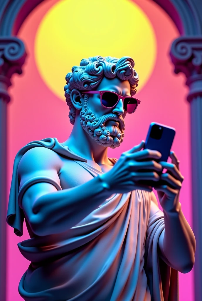 Greek hero statue, seated pose holding a technological smartphone, neon landscape