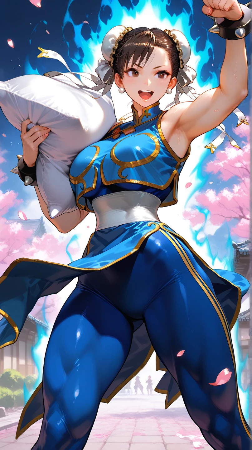masterpiece, best quality, 1girl, ChunLiMS, brown eyes, shiny skin, muscular, (thick thighs), hair bun, double bun, eyeshadow, makeup, chinese clothes, pelvic curtain, dress, bracelet, ribbon, pants, blue pantyhose, makeup, short sleeves, (blue sleeves), (cel-shaded), clouds, sky, serene surroundings
<lora:streetFighterChunLiMS:0.8>